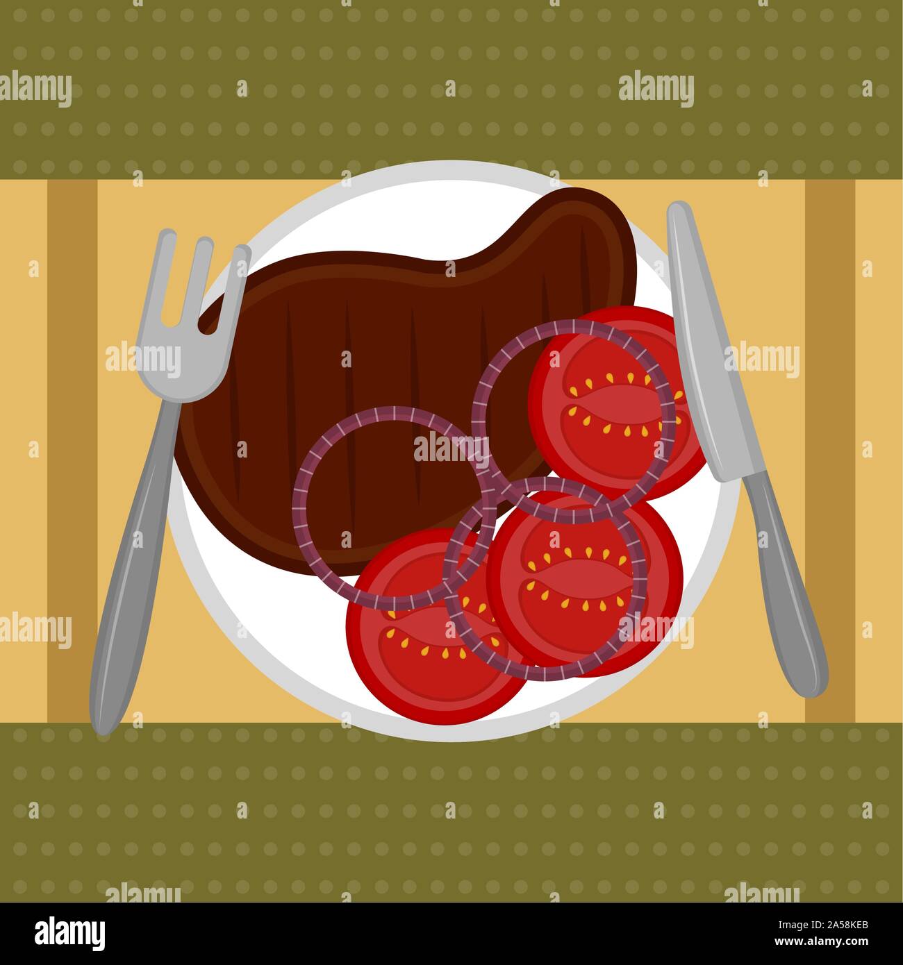 Grilled meat steak with vegetables on a dish. Food preparation - Vector ...