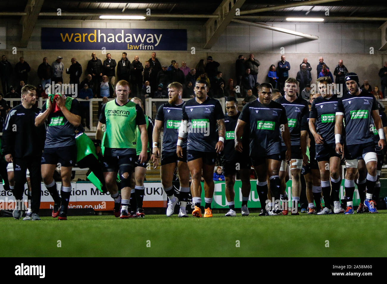 Newcastle, UK. 15th Sep, 2019. NEWCASTLE UPON TYNE, ENGLAND OCTOBER 18TH Falcons players complete their warm up prior to the Greene King IPA Championship match between Newcastle Falcons and Hartpury College at Kingston Park, Newcastle on Friday 18th October 2019. (Credit: Chris Lishman | MI News) Editorial Use Only Credit: MI News & Sport /Alamy Live News Stock Photo