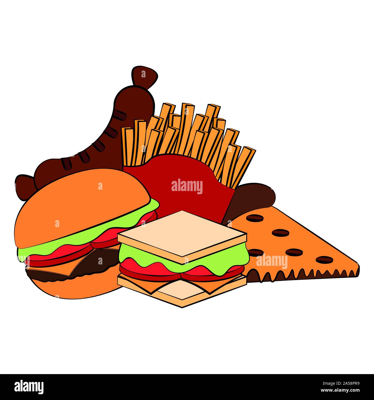 Burger, sausage, sandwich nad french fries. Fast food Vector illustration Stock Vector Image