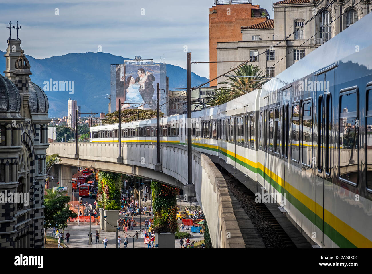 metro, subway, A line between Prado station and Hospital station, city center, skyline, Medellín, Colombia Stock Photo