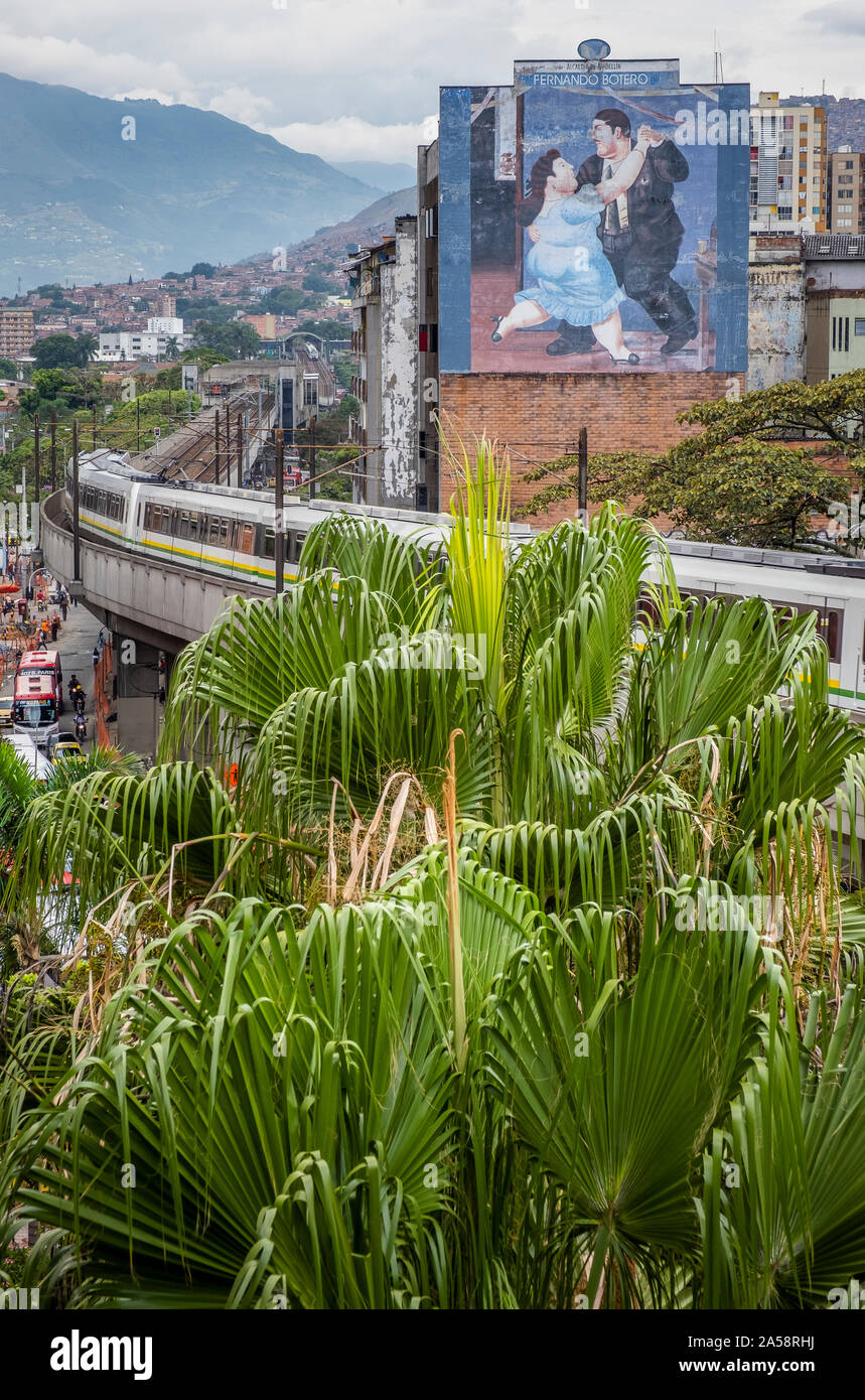 metro, subway, A line between Prado station and Hospital station, city center, skyline, Fernando Botero painting,mural, Medellín, Colombia Stock Photo