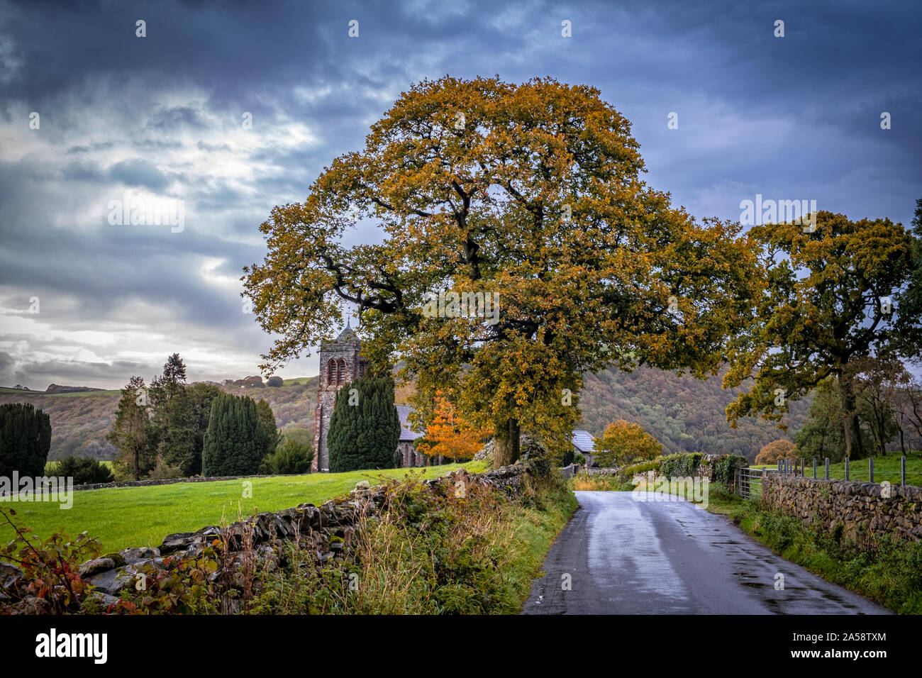 Lowick Church on a wet autumn day. Stock Photo