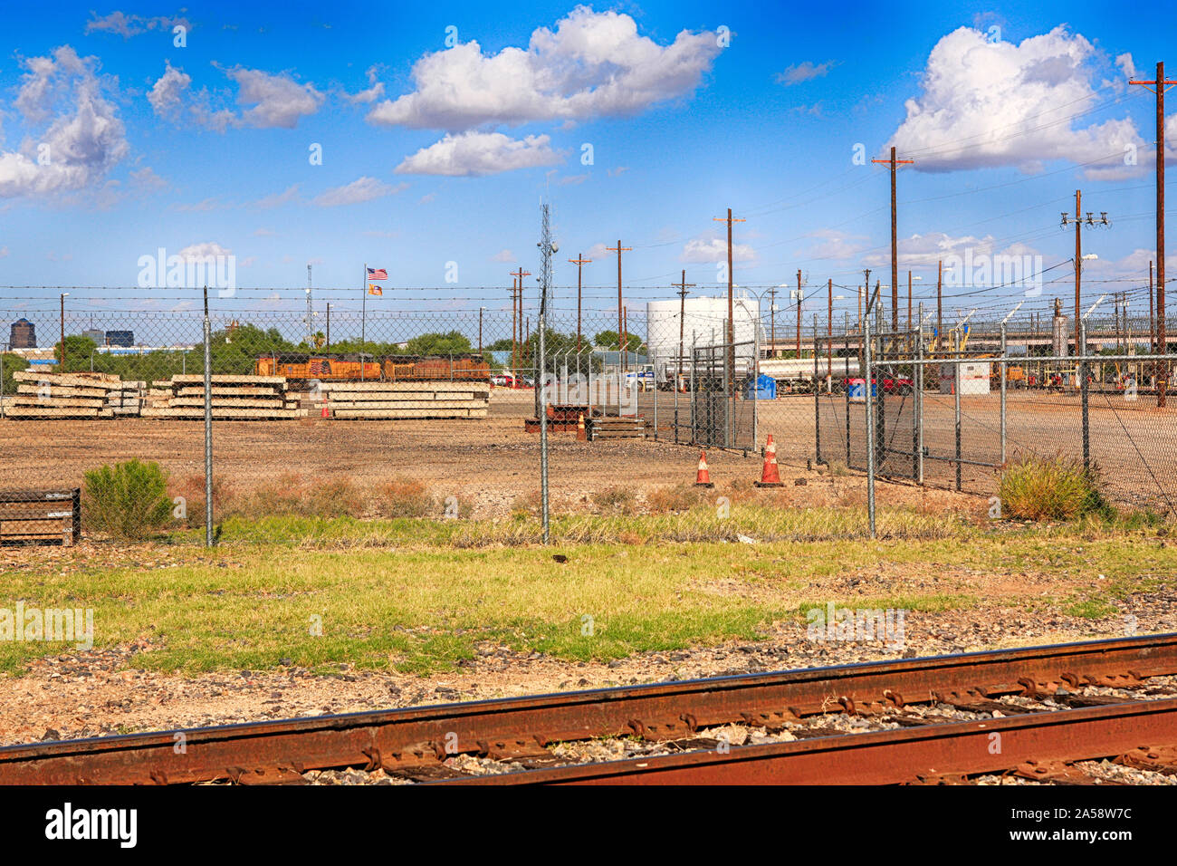 Union Pacific GE AC6000CW bright yellow in the Tucson rail yard, Arizona Stock Photo