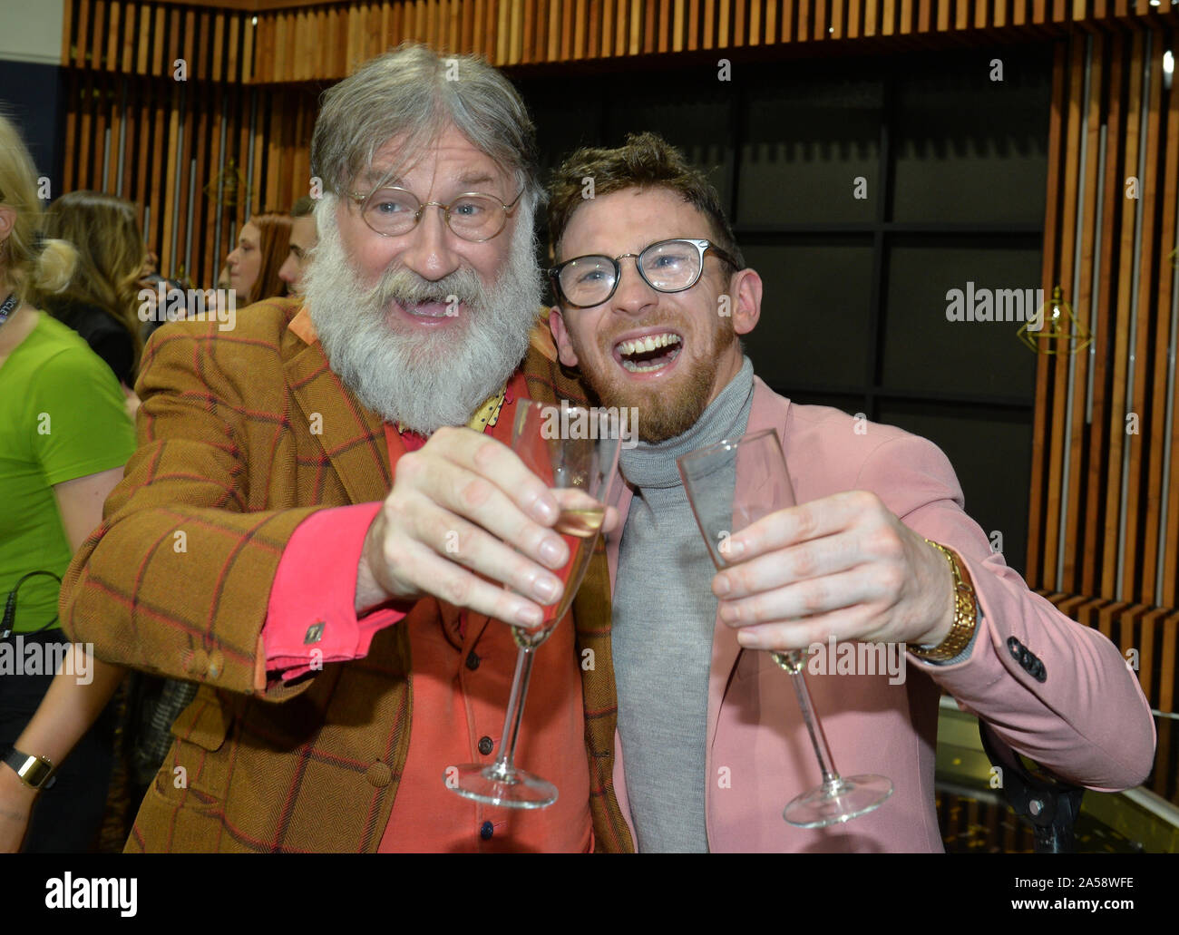 Viewer's Champion Tim Wilson (left) and winner Paddy Smyth following the live final of the second series of Channel 4's The Circle, in Salford, Manchester. PA Photo. Picture date: Friday October 18, 2019. See PA story SHOWBIZ Circle. Photo credit should read: Peter Powell/PA Wire Stock Photo