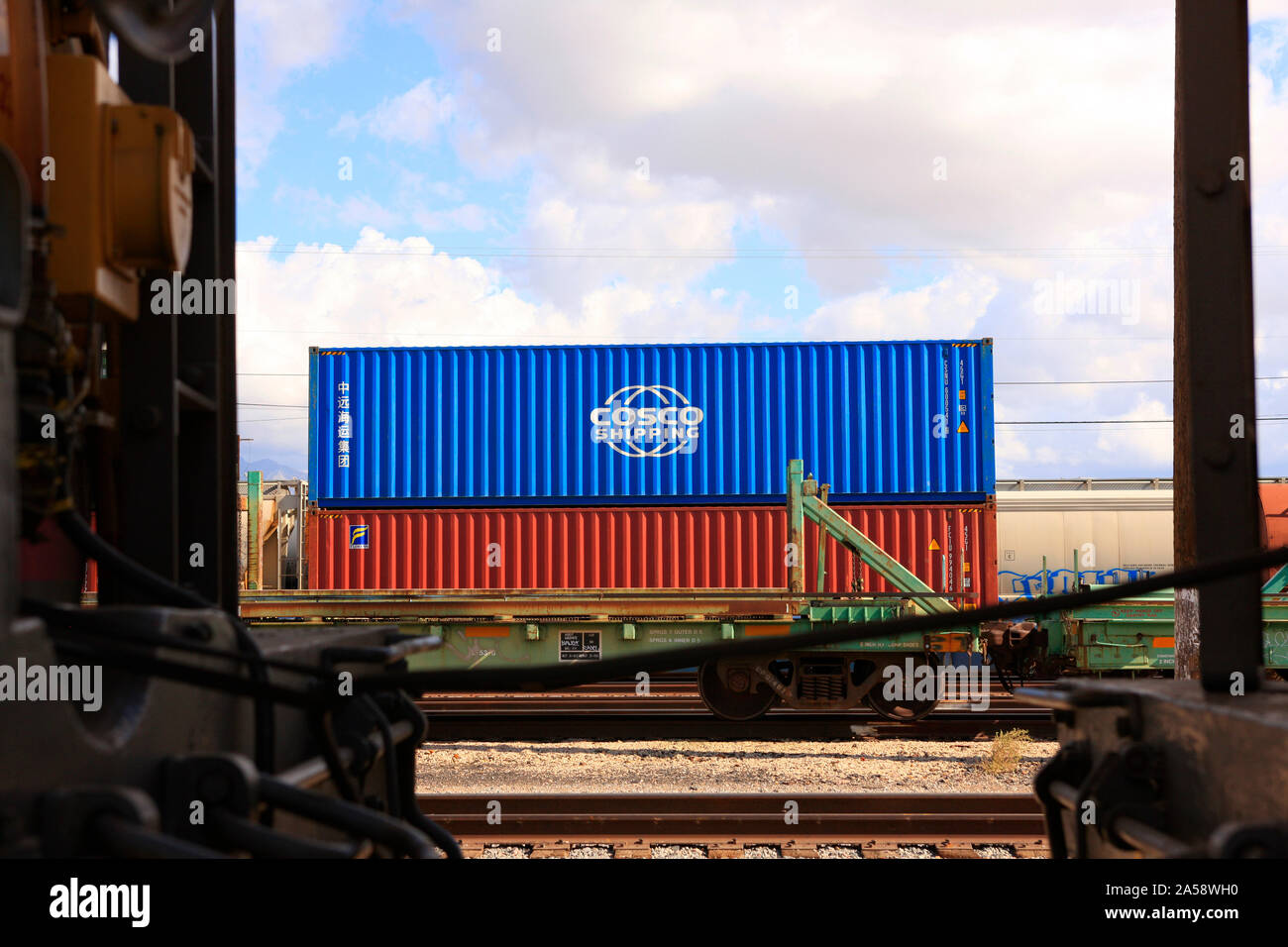 Cosco Shipping container at the Tucson railroad freight depot in