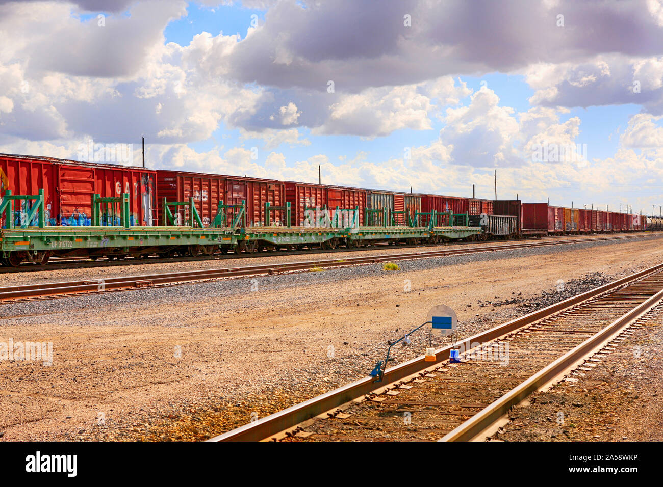 Shipping containers at the Tucson railroad freight depot in Arizona USA