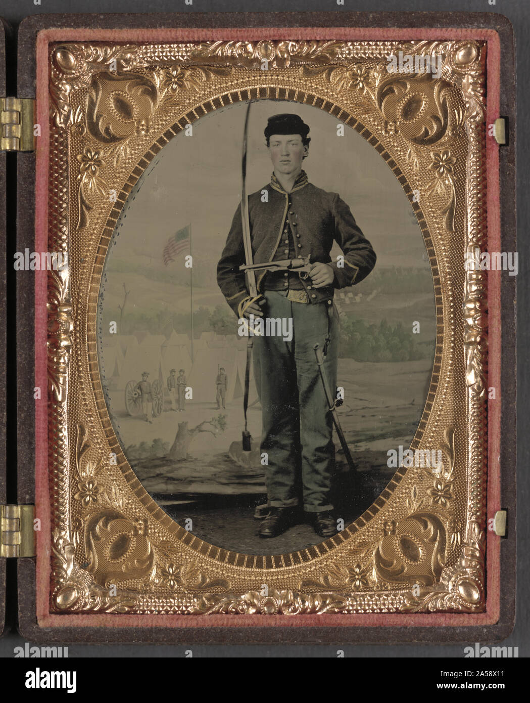 Unidentified soldier in Union cavalry uniform with sword and pistol in ...