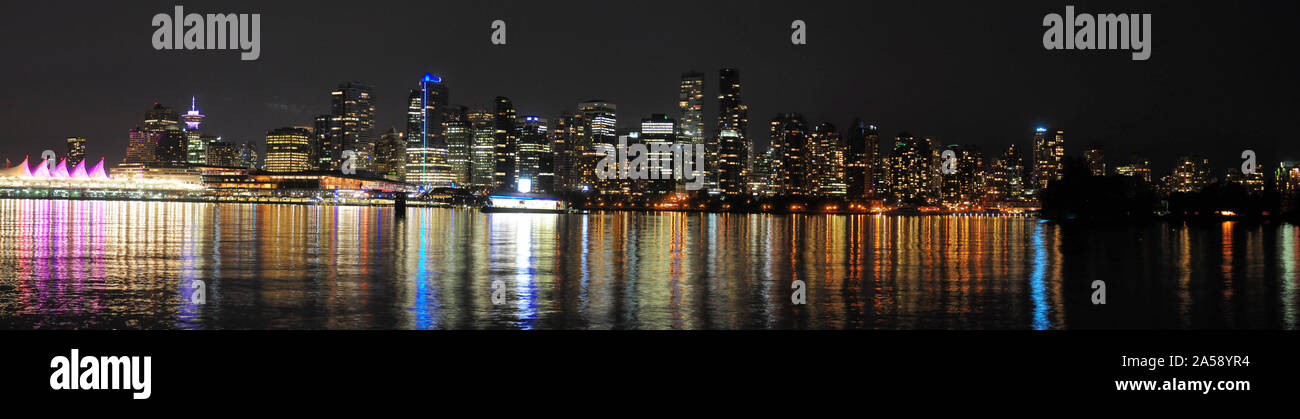 Panorama View Of Vancouver Skyline From Stanley Park At Night Stock ...