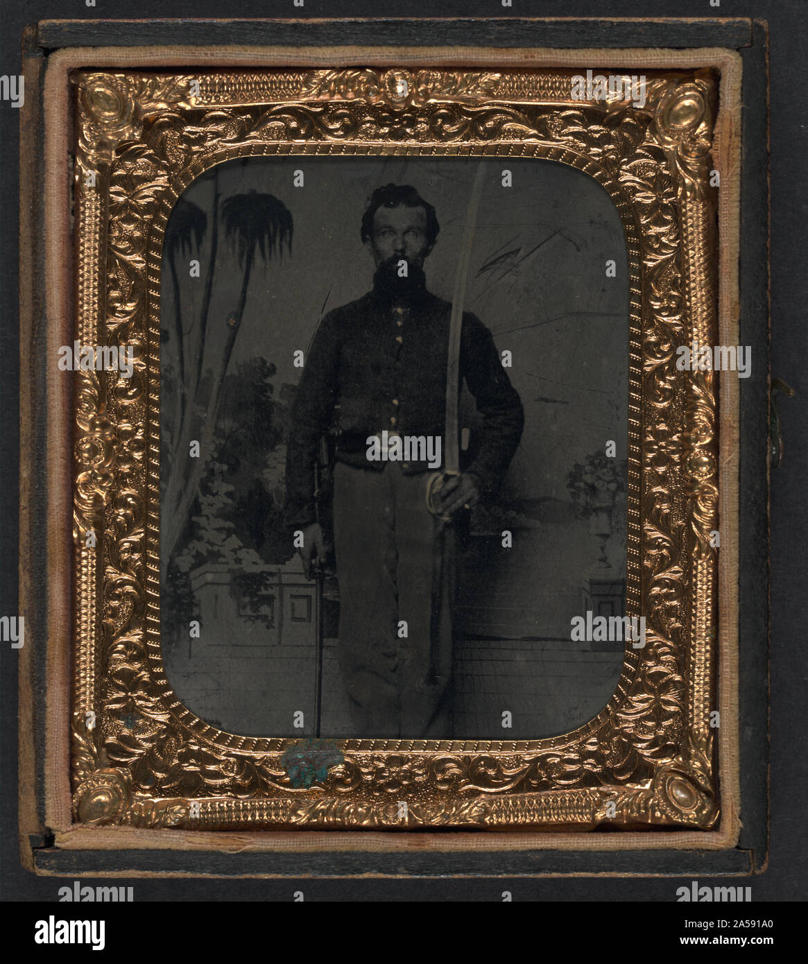 Unidentified soldier in Union uniform with sword in front of painted ...
