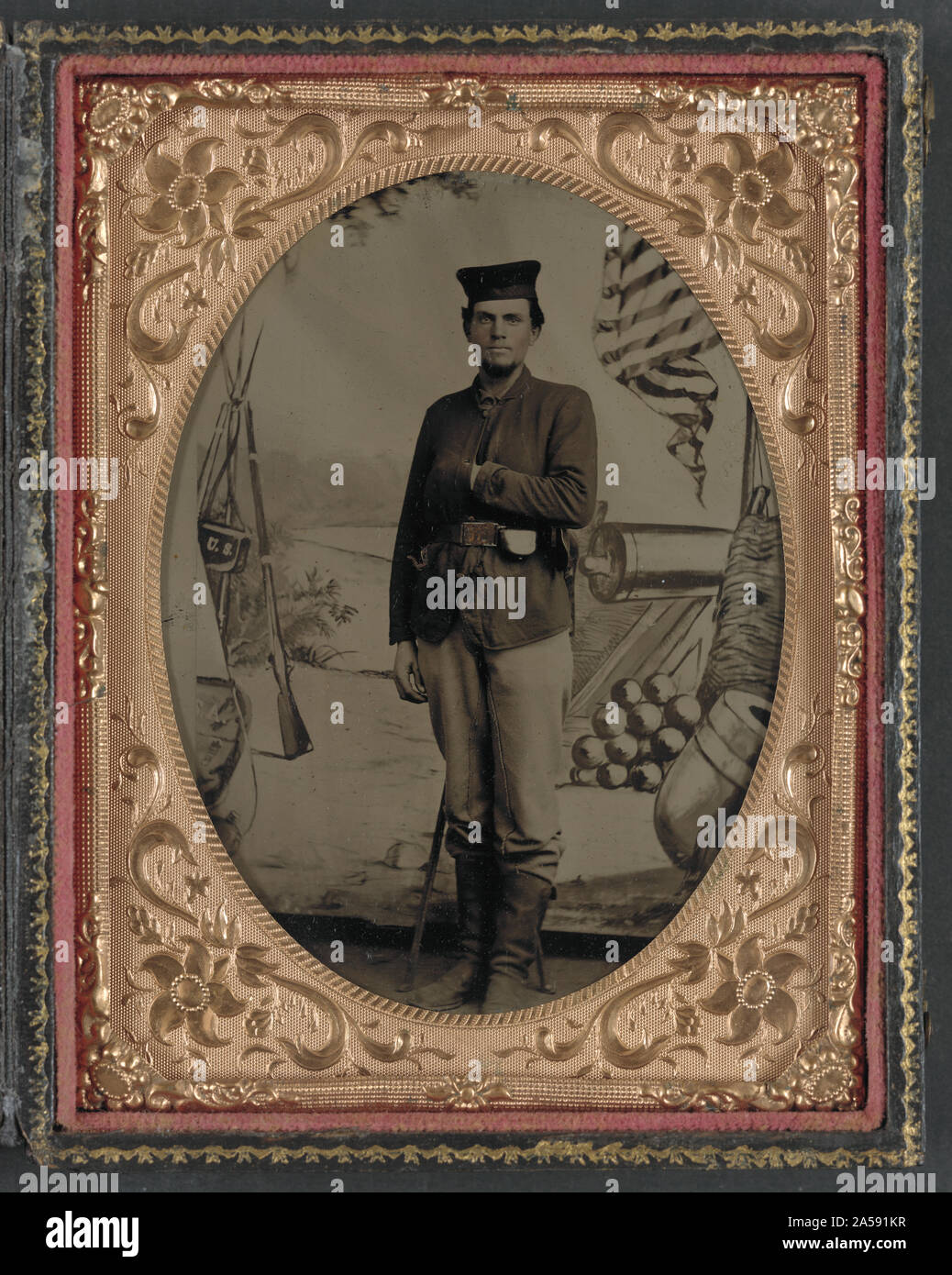 Unidentified soldier of First Scotch Regiment, 12th Illinois Infantry Regiment, in sack coat and
