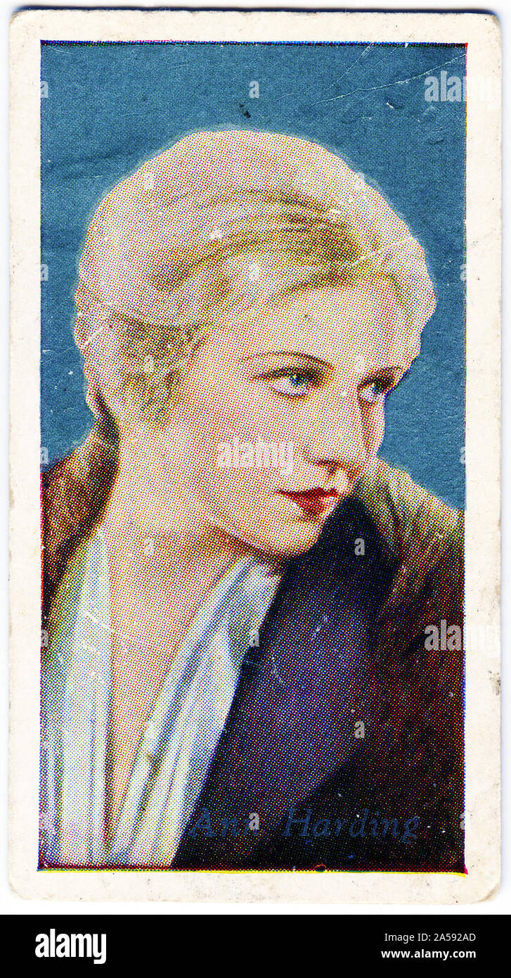Cigarette card portrait of Ann Harding (1902 – 1981)  American theatre, motion picture, radio, and television actress. Harding was one of the first actresses to gain fame in the new medium of talking pictures, and she was nominated for the Academy Award for Best Actress in 1931 for her work in Holiday. Stock Photo