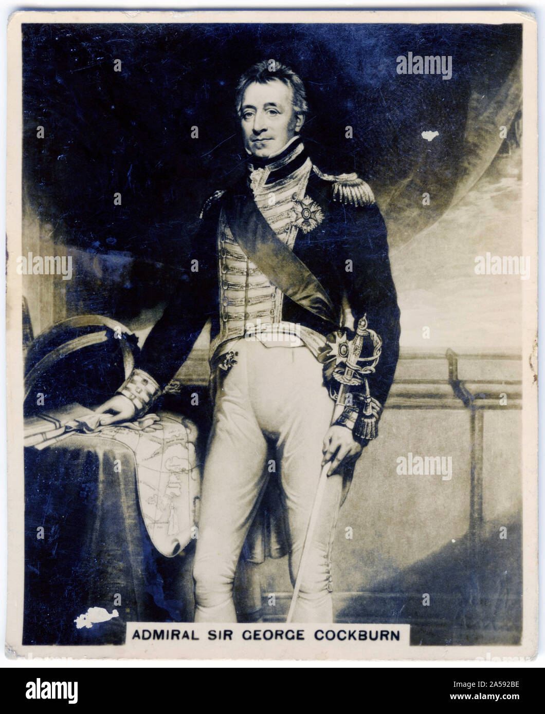 Cigarette card portrait of Admiral of the Fleet Sir George Cockburn, 10th Baronet, GCB, PC, FRS (1772 – 1853). As a captain he was present at the Battle of Cape St Vincent in February 1797 during the French Revolutionary Wars and commanded the naval support at the reduction of Martinique in February 1809 during the Napoleonic Wars. Stock Photo