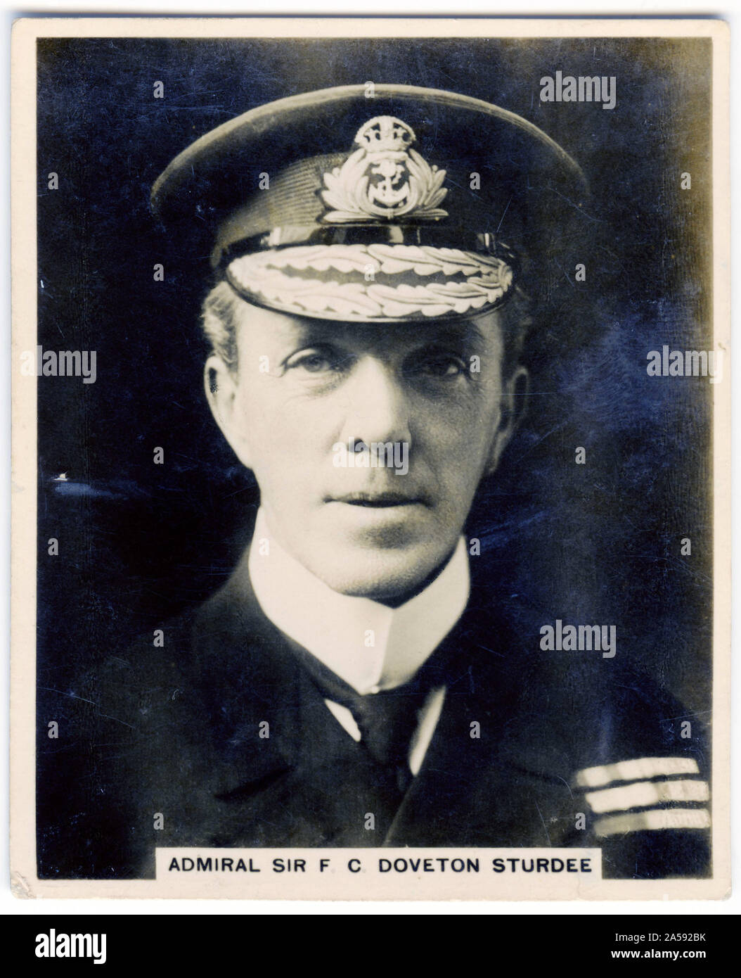 Cigarette card portrait of Admiral of the Fleet Sir Frederick Charles Doveton Sturdee, 1st Baronet GCB, KCMG, CVO (1859 – 1925). After training as a torpedo officer, he commanded two different cruisers and then three different battleships before becoming commander of the 1st Battle Squadron of the Home Fleet. He later  commanded the 3rd and 2nd Cruiser Squadrons. Stock Photo