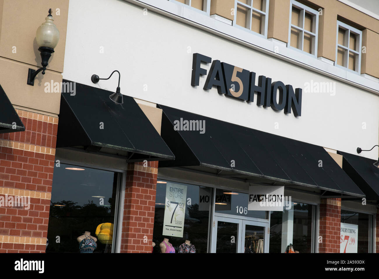 A logo sign outside of a Fashion 5 retail store location in Queenstown, Maryland on August 5, 2019. Stock Photo