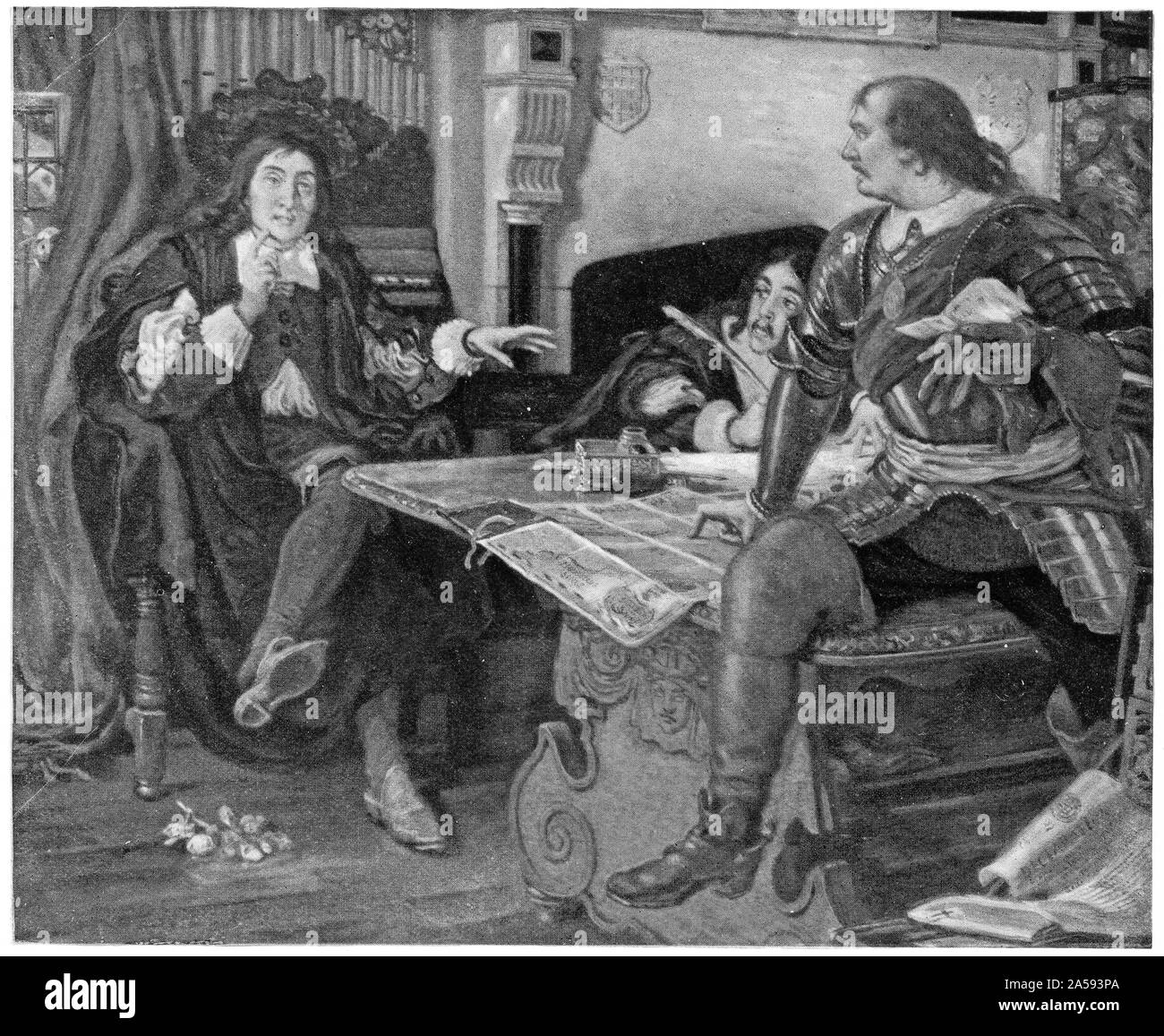 halftone of Oliver Cromwell dictating dispatches to Milton Stock Photo