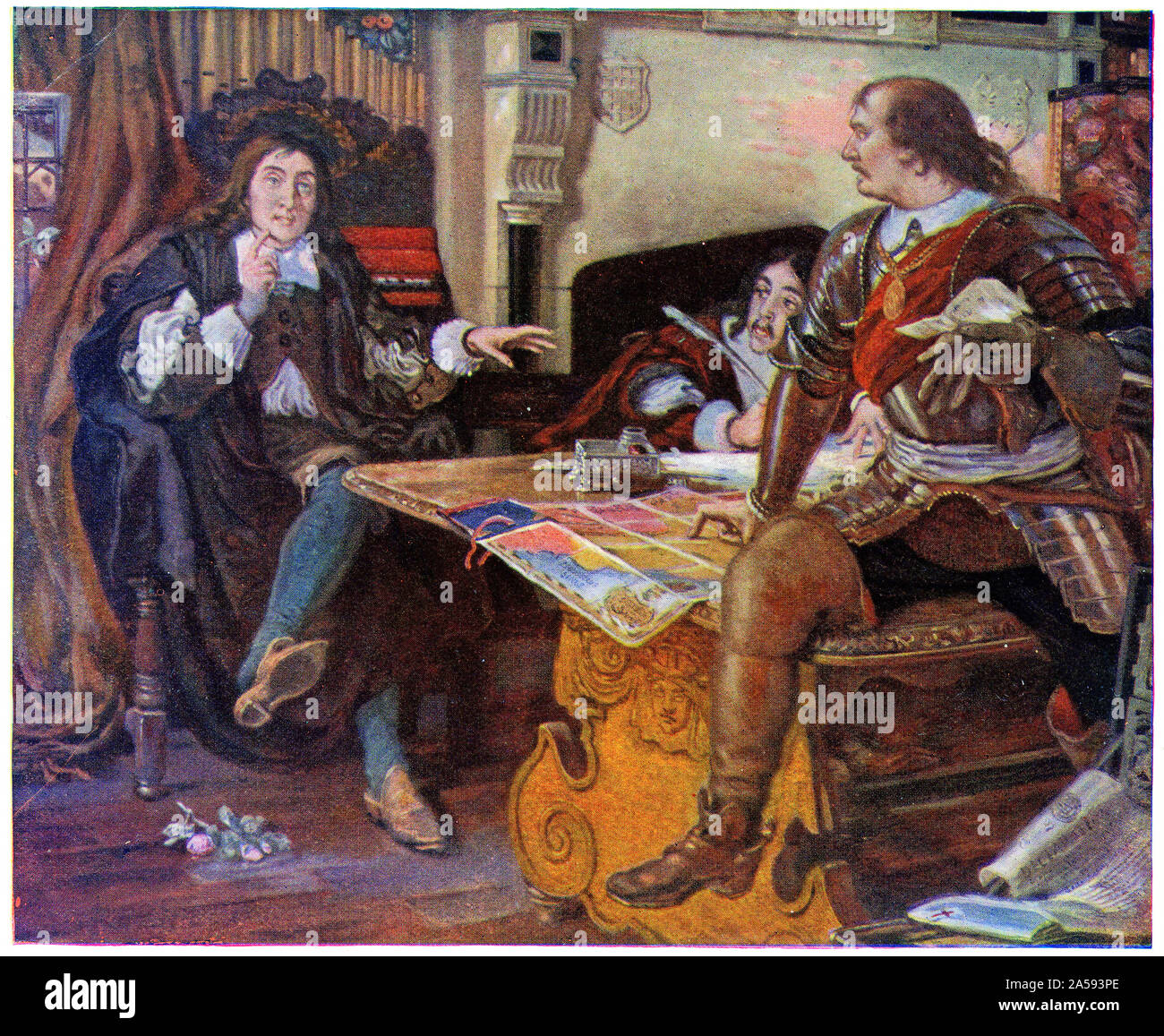 Coloured halftone of Oliver Cromwell dictating dispatches to Milton Stock Photo