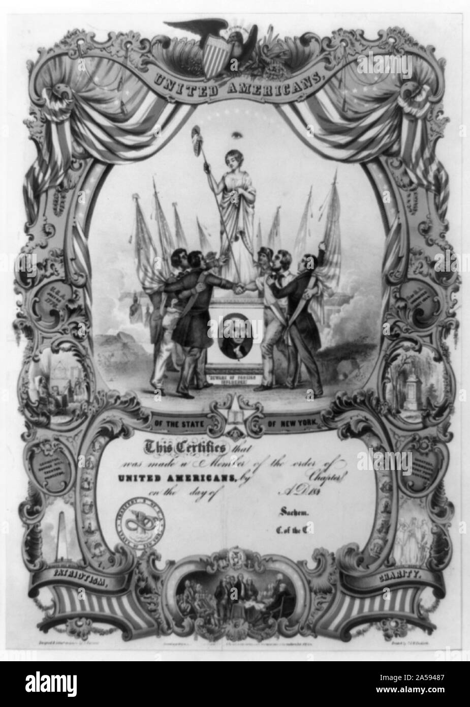 United Americans of the state of New York Abstract: A large, illustrated membership certificate for the Order of United Americans, a nativist secret society founded in New York City in December 1844. Originally called the American Brotherhood, the organization changed its name in January 1845 to the Order of United Americans. It was founded to oppose foreign influence in [American] institutions or government. By 1847 the order claimed a membership of two thousand. Parsons's certificate has a large central vignette showing the female goddess Liberty on a pedestal surrounded by several men weari Stock Photo