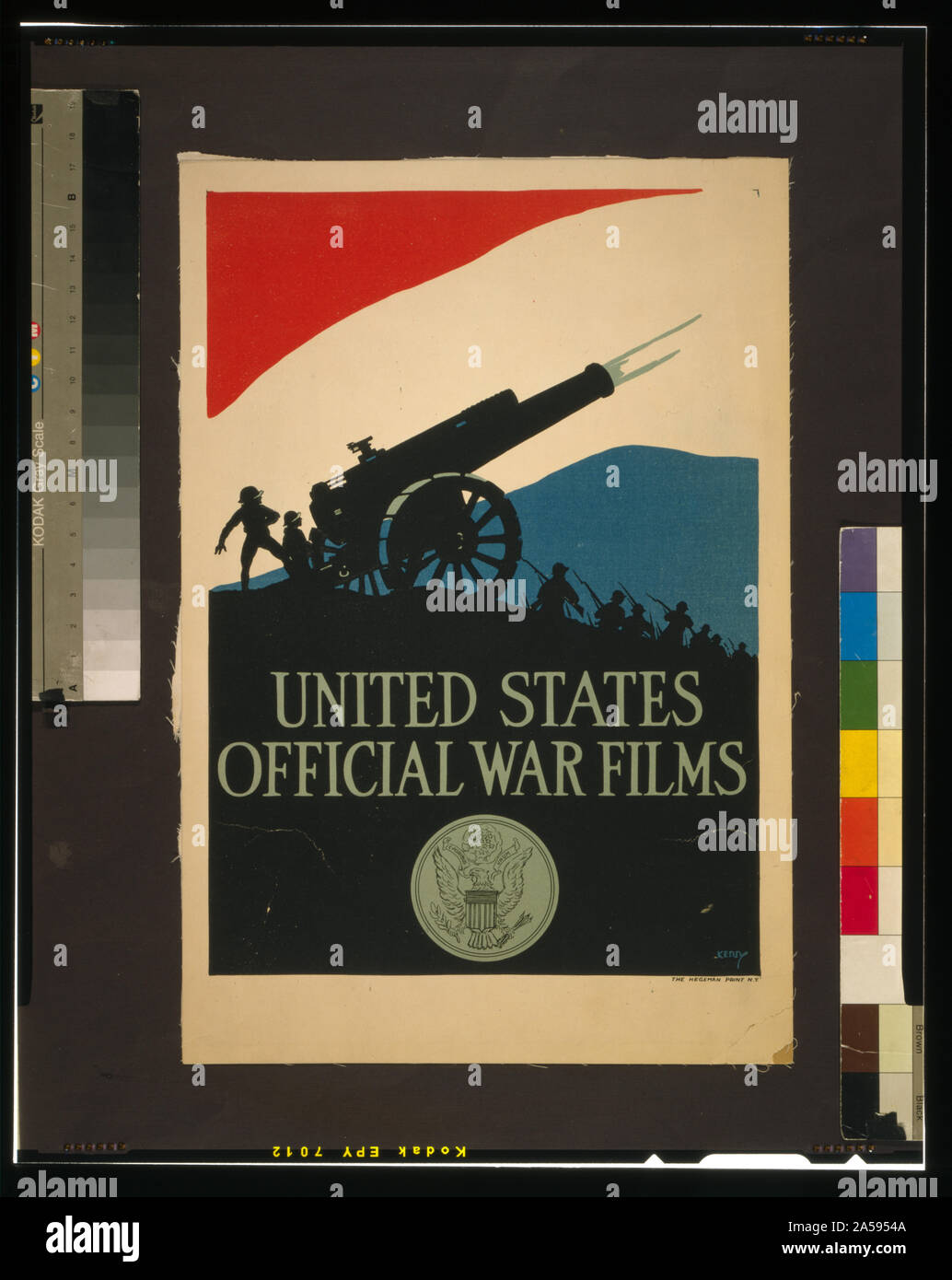 United States official war films Abstract: Poster showing silhouette of soldiers and firing cannon against a red, white, and blue sky, with United States seal below. Stock Photo