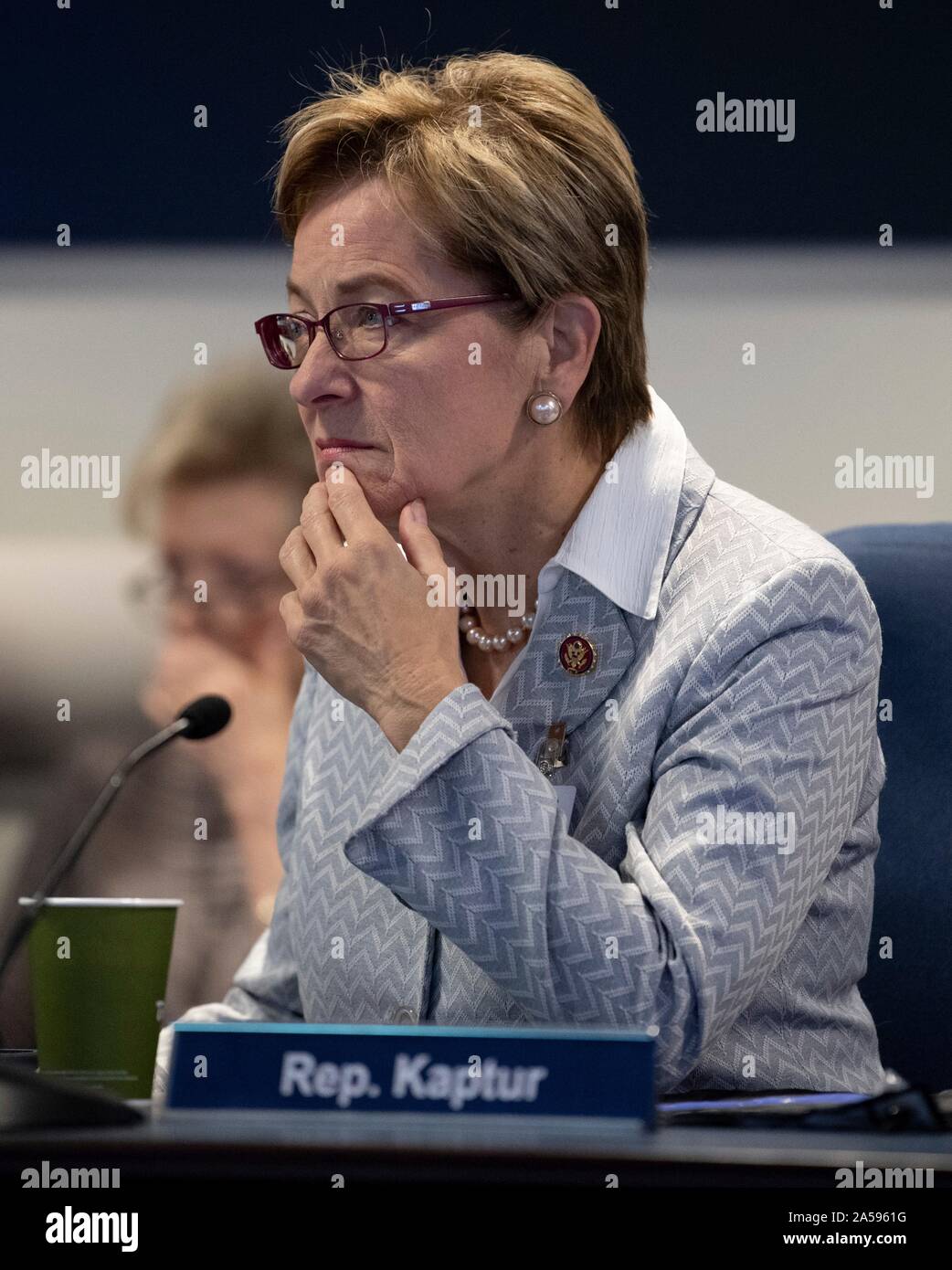 Washington, United States of America. 18 October, 2019. U.S. Rep. Marcy Kaptur of Ohio, watches NASA astronauts Christina Koch and Jessica Meir during the first all-woman spacewalk from the Space Operations Center October 18, 2019 in Washington, DC. Credit: Joel Kowsky/NASA/Alamy Live News Stock Photo