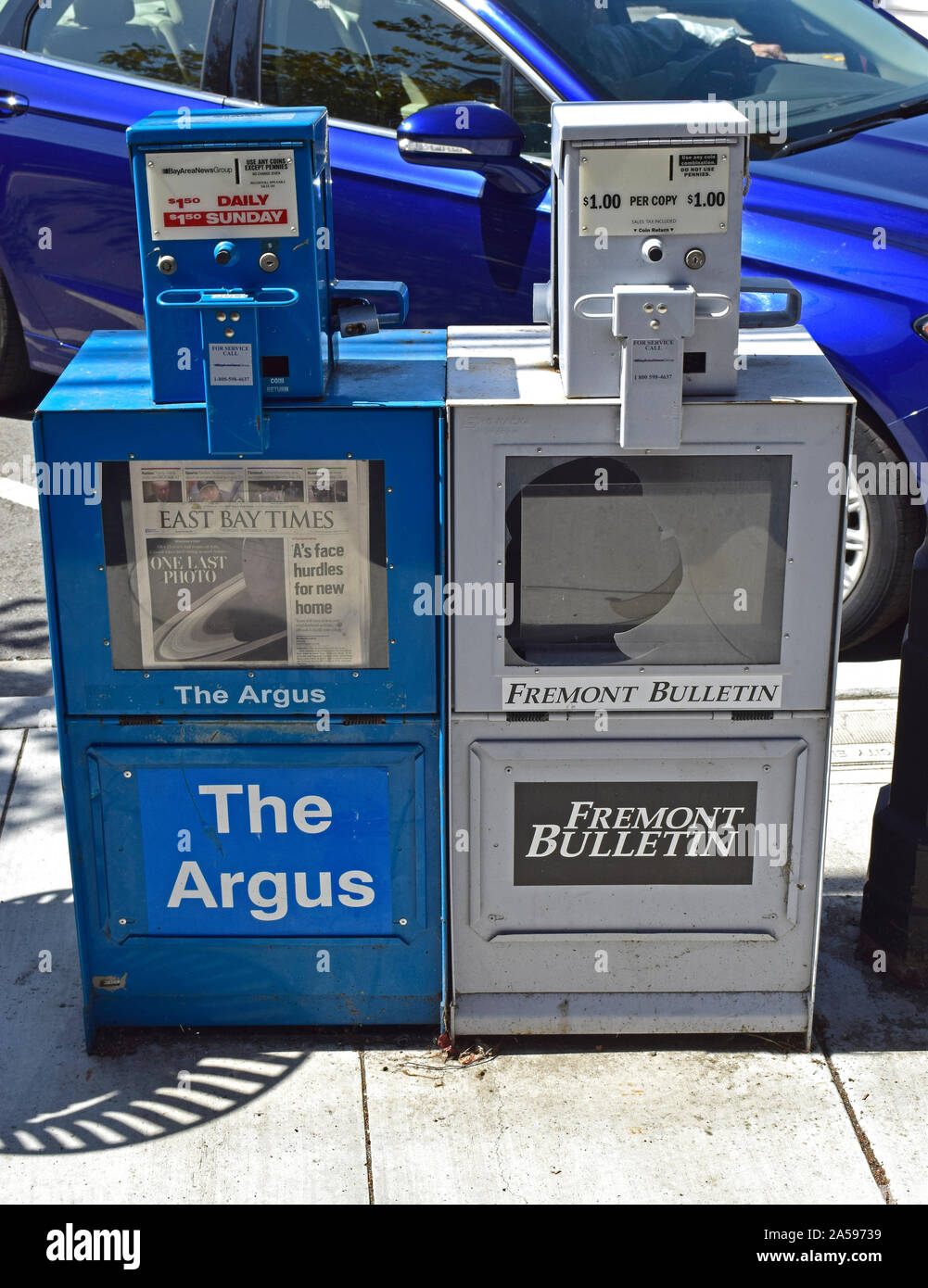 Newspaper boxes for the East Bay Times, the Argus and the Fremont Bulletin. Fremont California Stock Photo