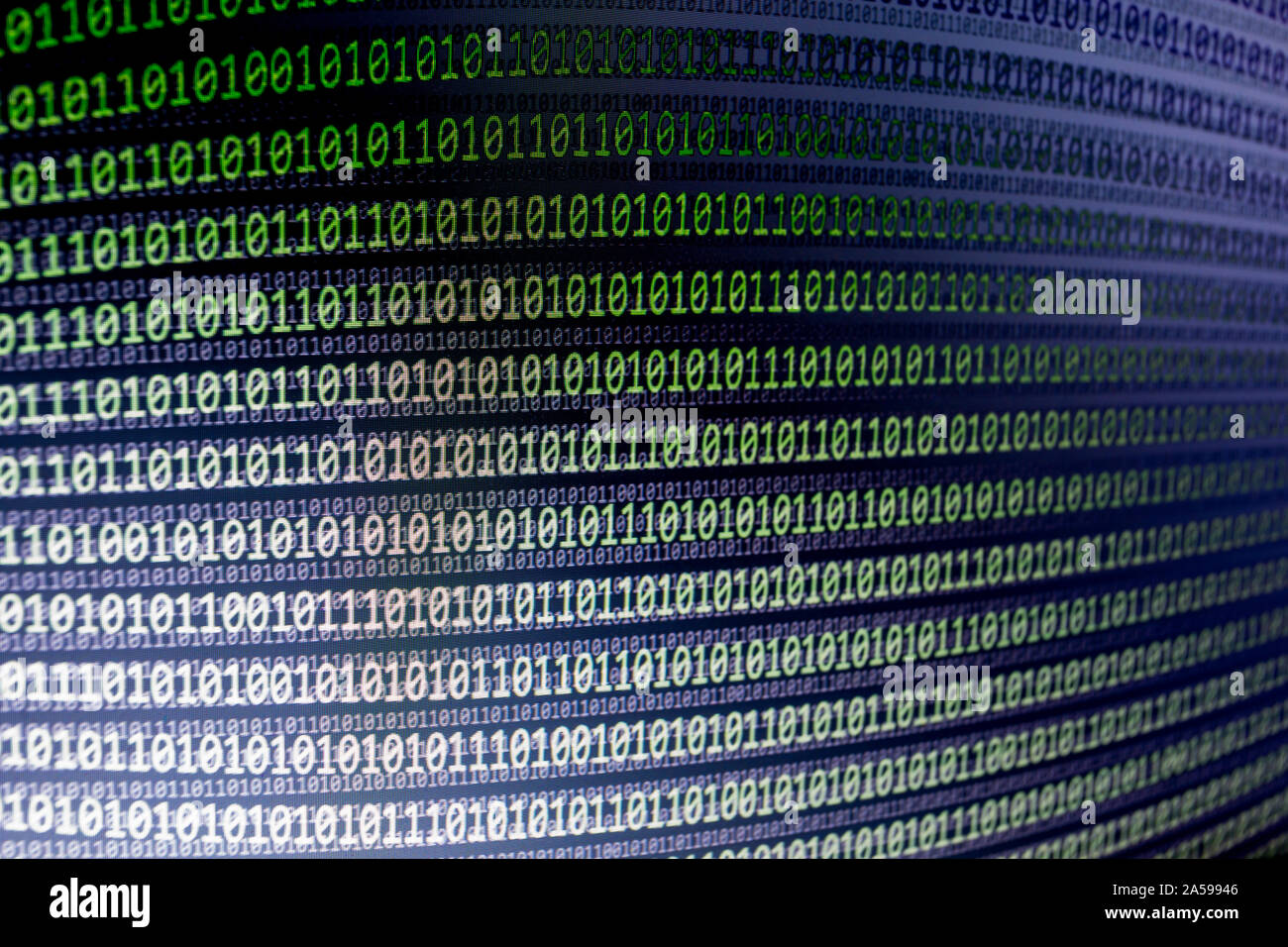 A computer screen with binary code. Green and white numbers zero and one, on a black gradient background. Concepts: data security, digital identity Stock Photo