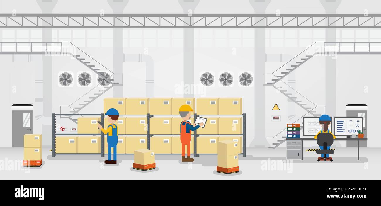 Warehouse in process with workers working flat design vector illustration Stock Vector