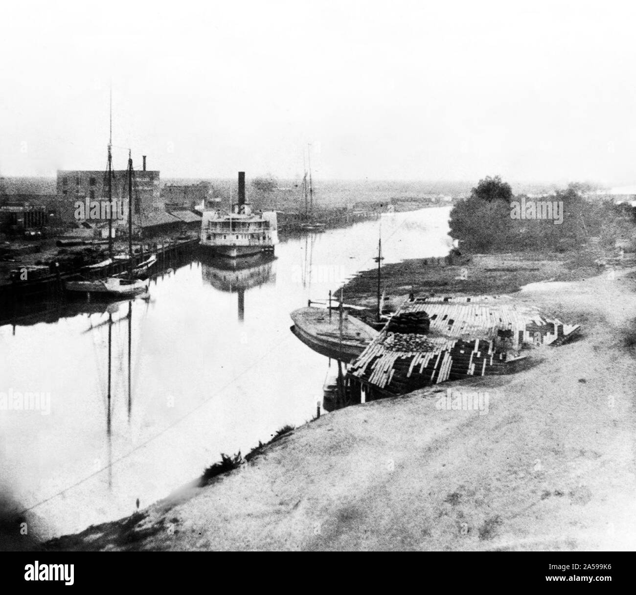California 1870- Historic Photo Print View Along River & Railcars Stockton 