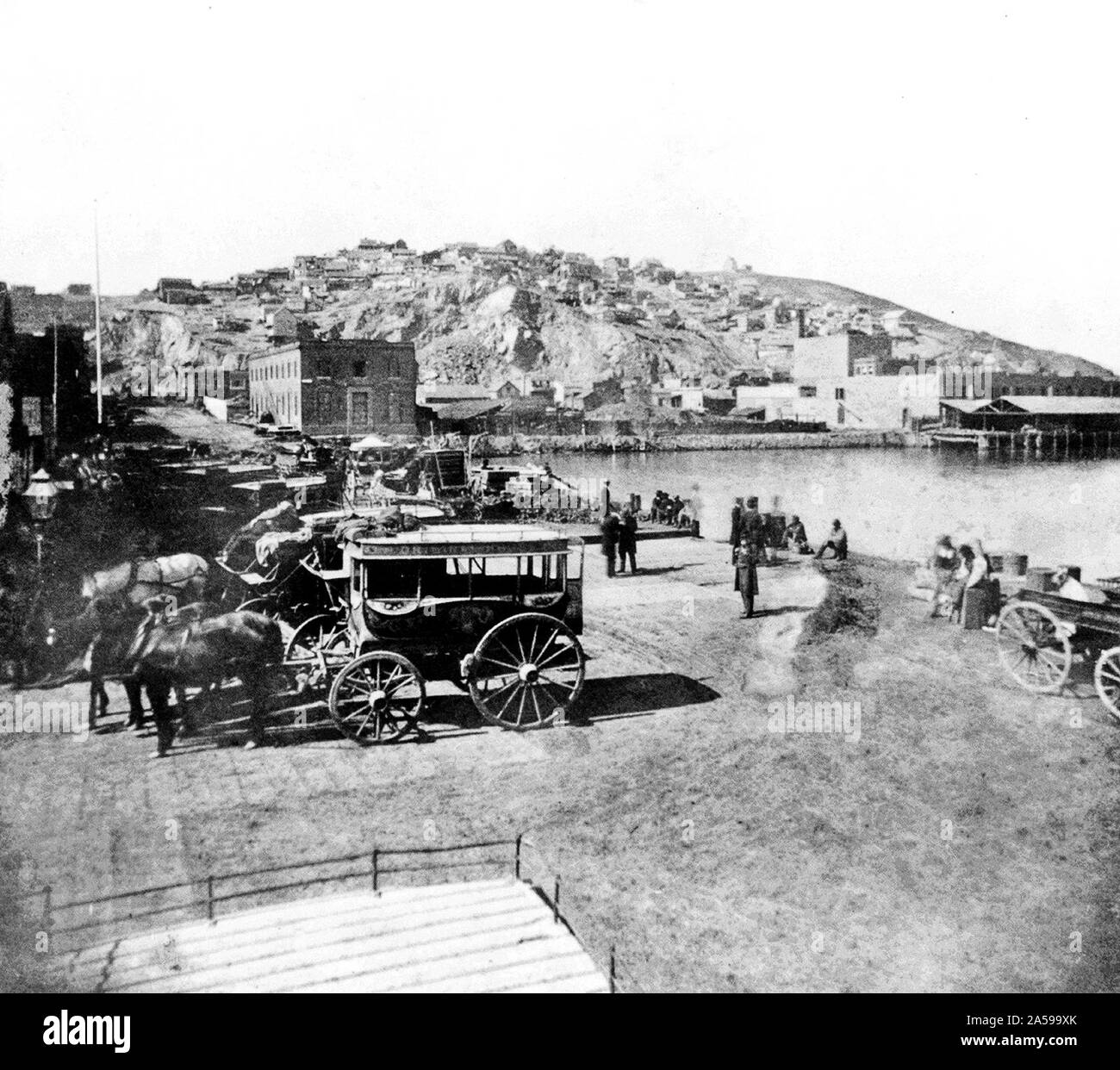 California History - Telegraph hill from Vallejo Street, Wharf--San Francisco ca. 1866 Stock Photo