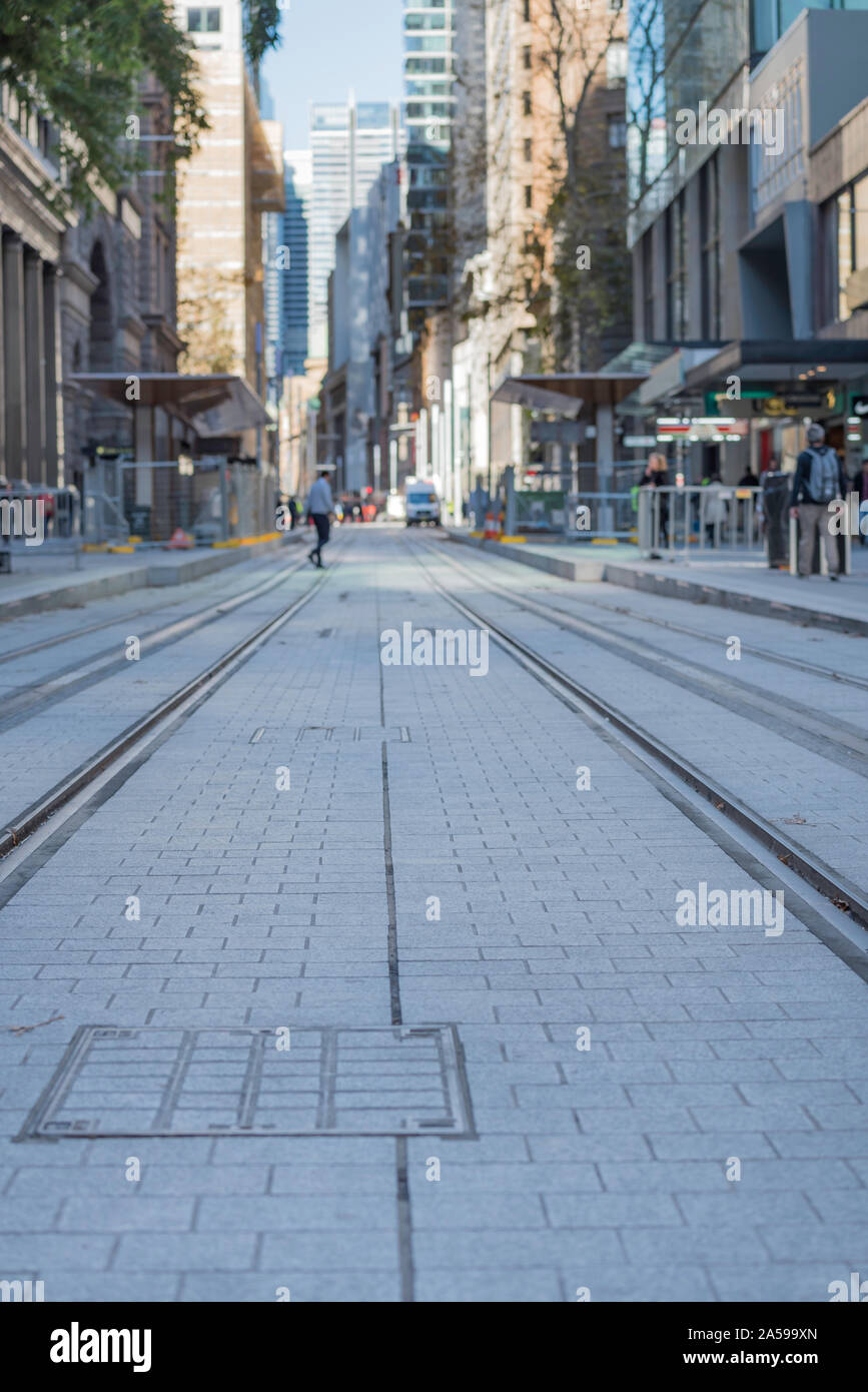 June 2019, George St Sydney near Wynyard station, previously a road full of cars and buses is strangely quiet in preparations for the new light rail Stock Photo