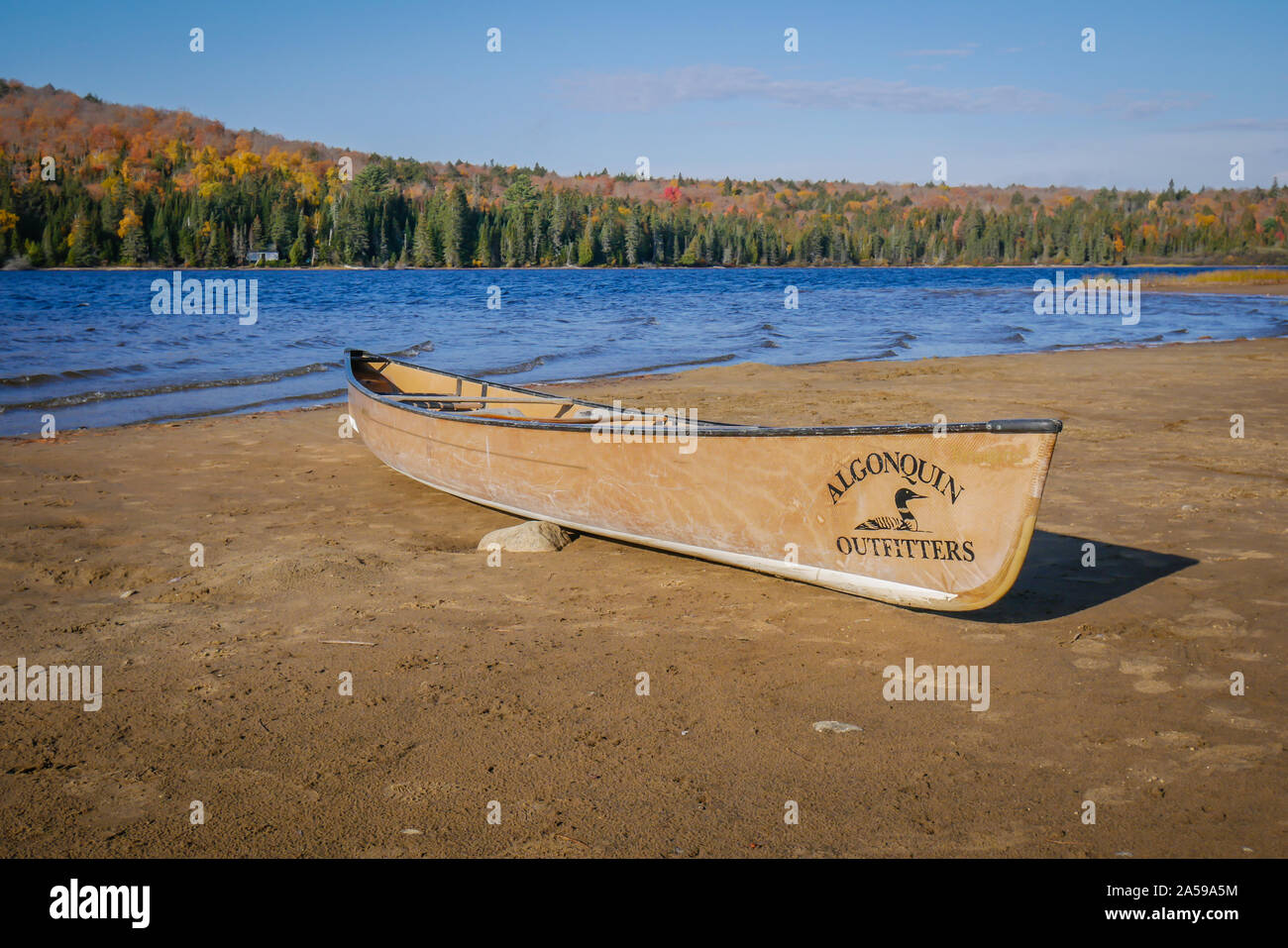 wooden canoe left on a beach sunny day near water Stock Photo