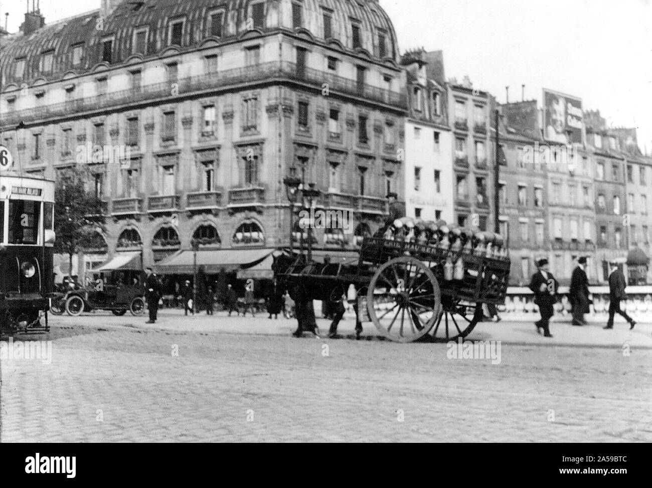 Street scene with milk wagon. 1920 Paris France Stock Photo