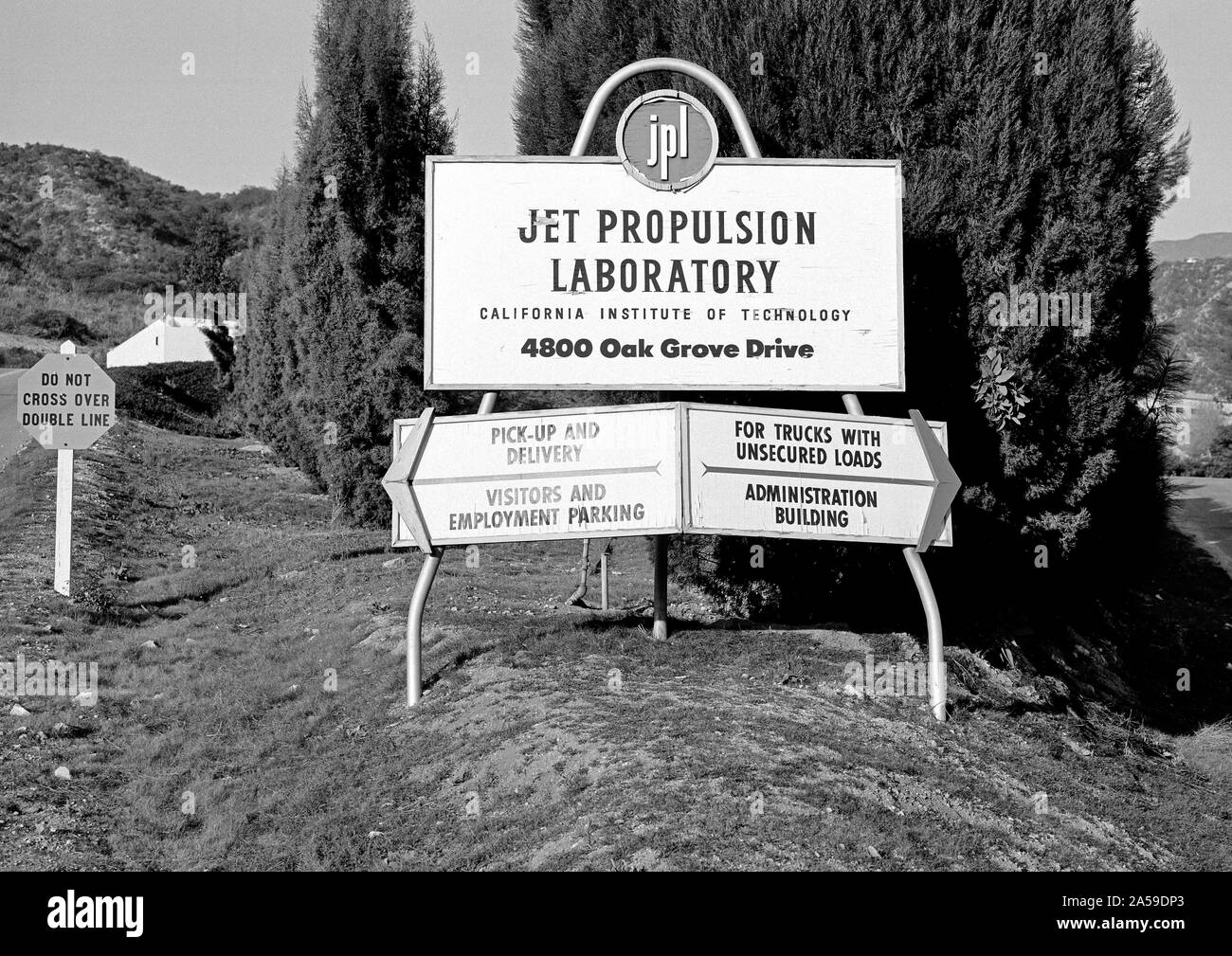 This archival picture shows what greeted visitors to the Jet Propulsion Laboratory in December 1957, before NASA was created and the lab became one of its centers. Stock Photo