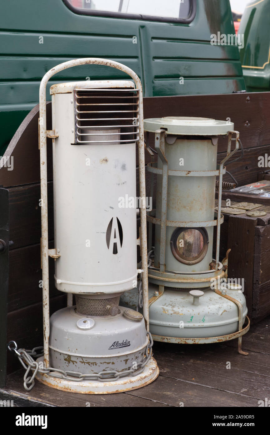 vintage heaters on the back of a flat bed truck Stock Photo