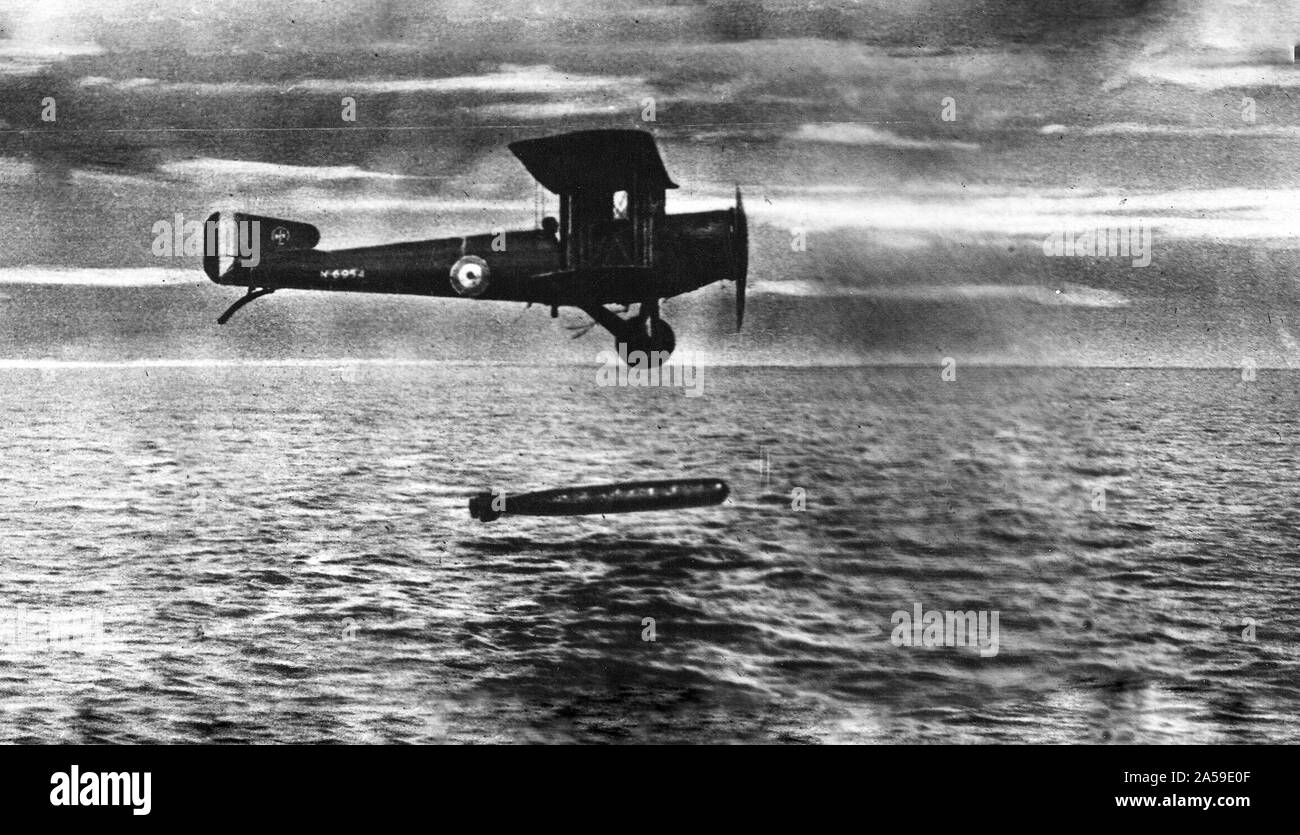 The Torpedo-Aeroplane, a new arm precluded by Armistice. Among new devices which Armistice prevented Royal Air Force from putting into use against enemy was torpedo-aeroplane. Considered to be greater potential value than submarine, and would doubtless have proved astonishingly efficient. Stock Photo