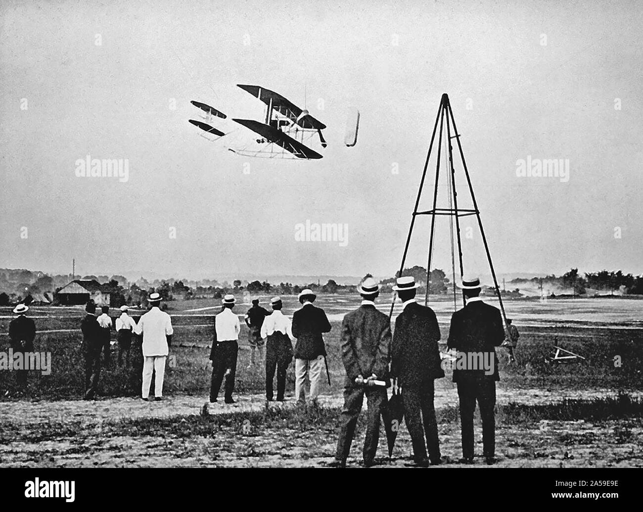 The Wright Brothers test fly their aircraft on Fort Myer's parade field. This series of test flights  resulted in the Army purchasing its first aircraft. In the first flight, Sept. 9, 1908, Orville Wright kept the plane aloft 71 seconds. The second flight resulted in a crash that left Wright severely cut and bruised and his passenger, Army Lt. Thomas Selfridge dead -- the first powered-aviation fatality. Stock Photo