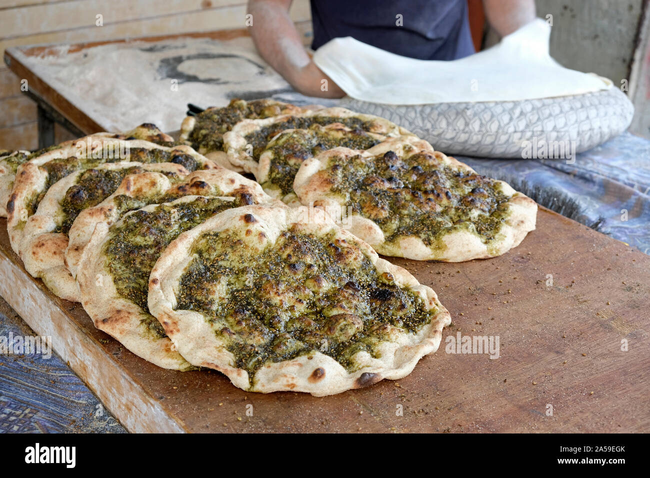 Stack of traditional Palestinian food called Manakish consisting of