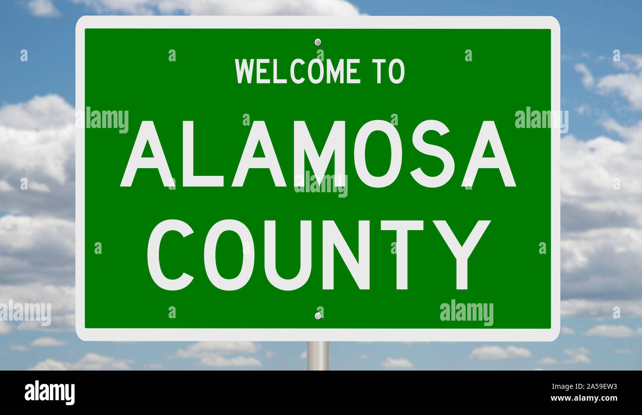 Rendering of a green 3d highway sign for Alamosa County Stock Photo