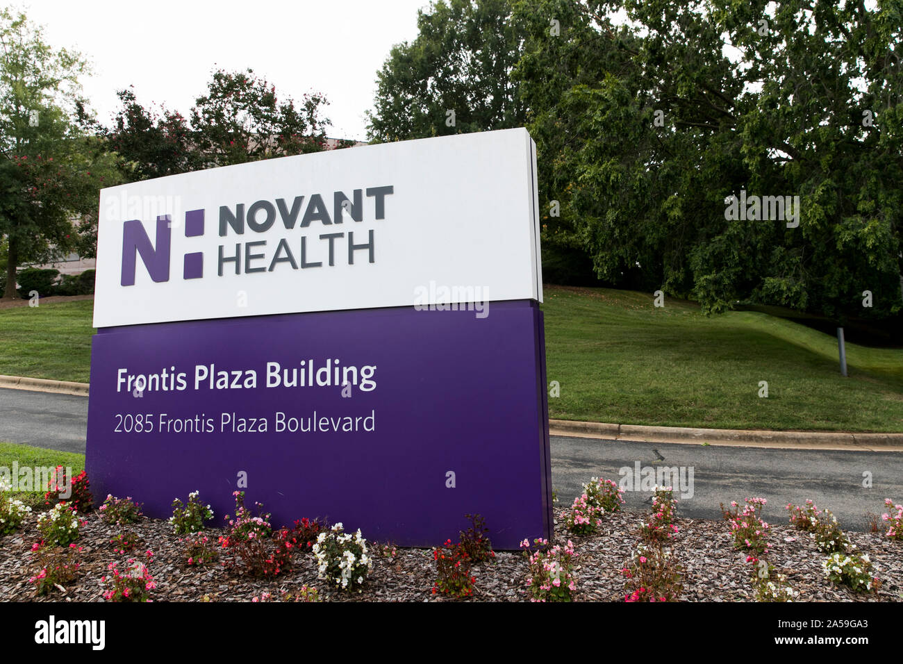 A logo sign outside of the headquarters of Novant Health in Winston-Salem, North Carolina on September 14, 2019. Stock Photo