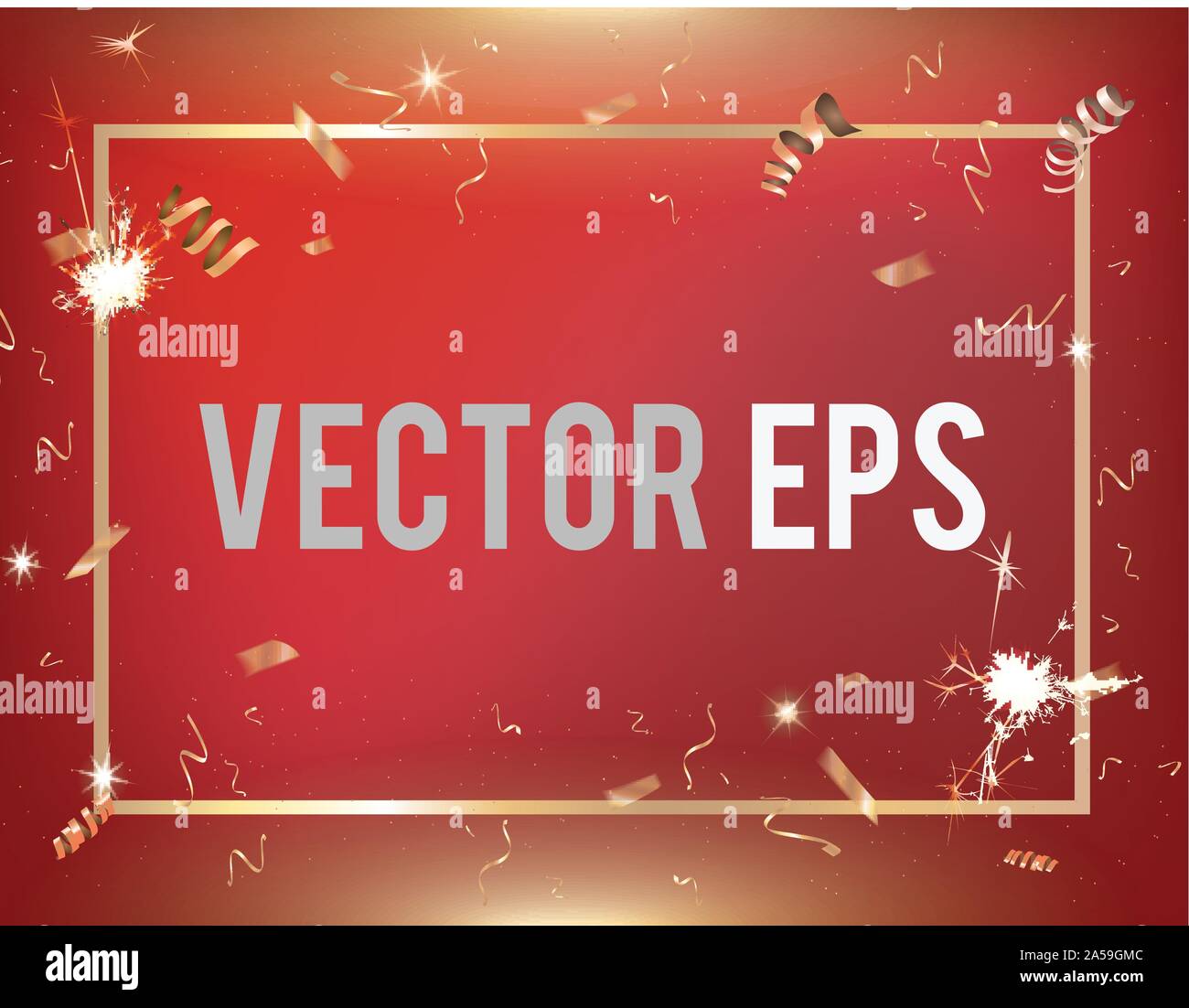 The vector Red gradient party and celebration background with golden confetti border Stock