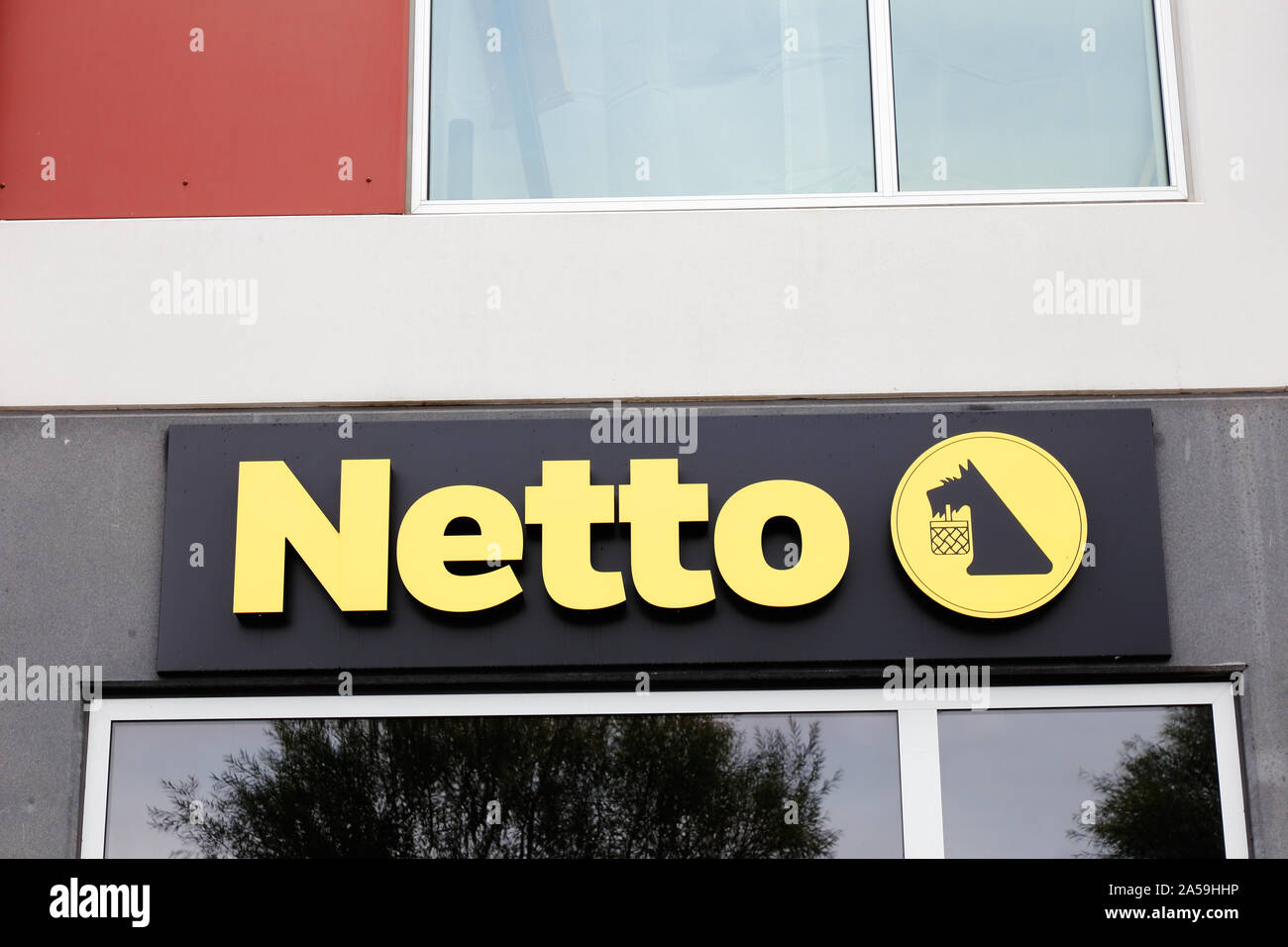 Copenhagen, Denmark - September 4, 2019: The sign and logo outside the Netto supermarket. Stock Photo