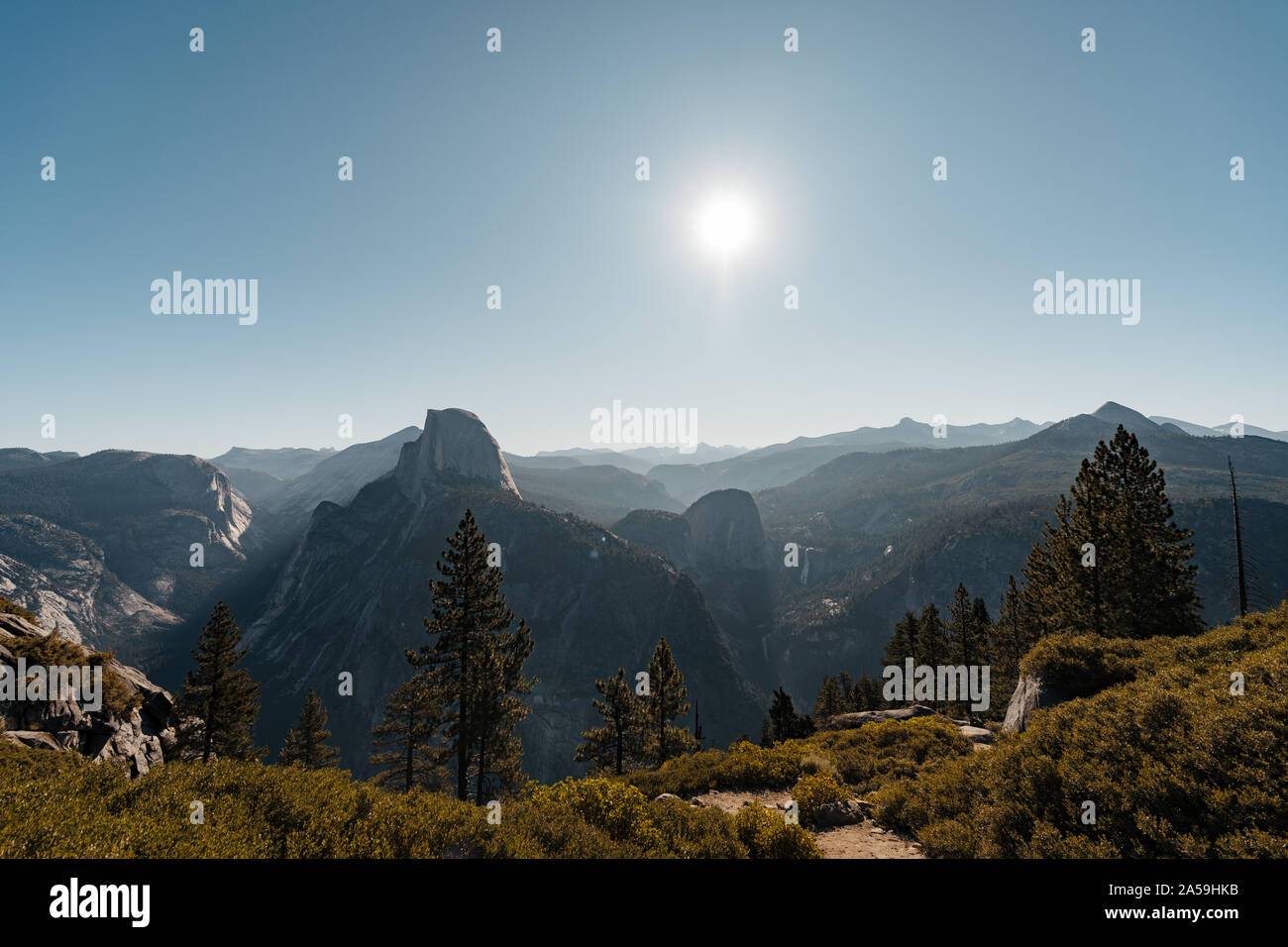 Yosemite Valley View with Halfdome and Waterfalls in the Background Stock Photo