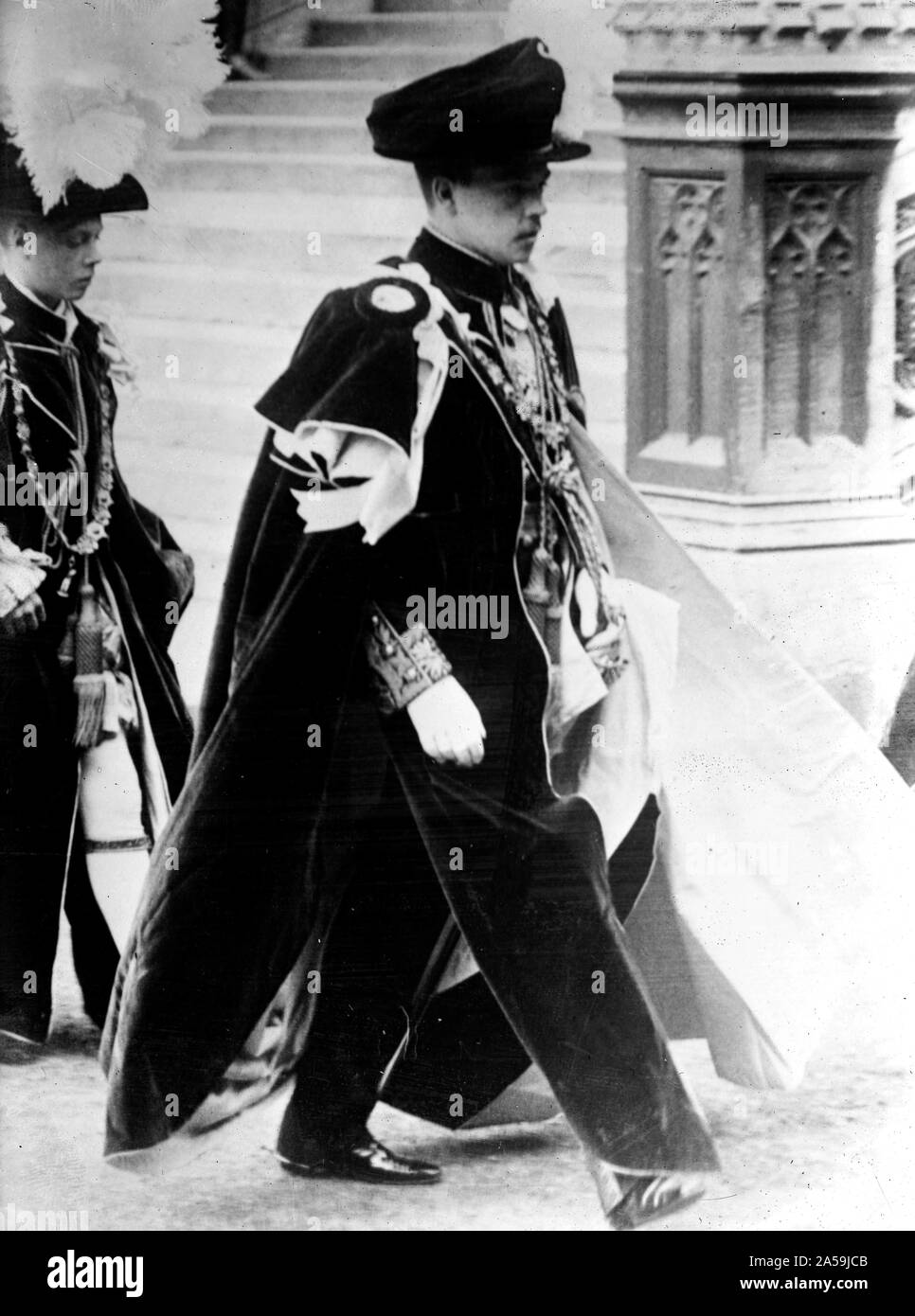 Photo shows King Manuel II of Portugal at St. George's Chapel, Windsor Castle, England, when the Prince of Wales was invested with the Order of the Garter on June 10, 1911. Stock Photo