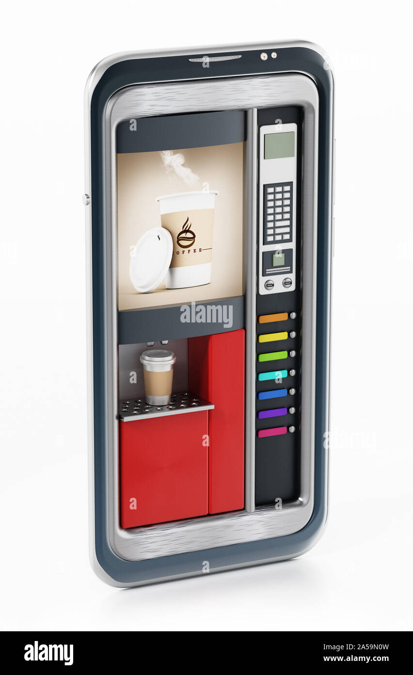 Automatic coffee machine inside smartphome screen. 3D illustration ...