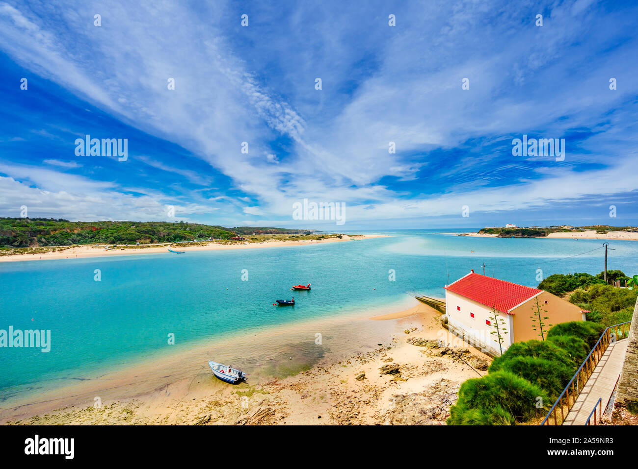 View on landscape with river Mira at Vila nova de Milfontes, Portugal Stock Photo