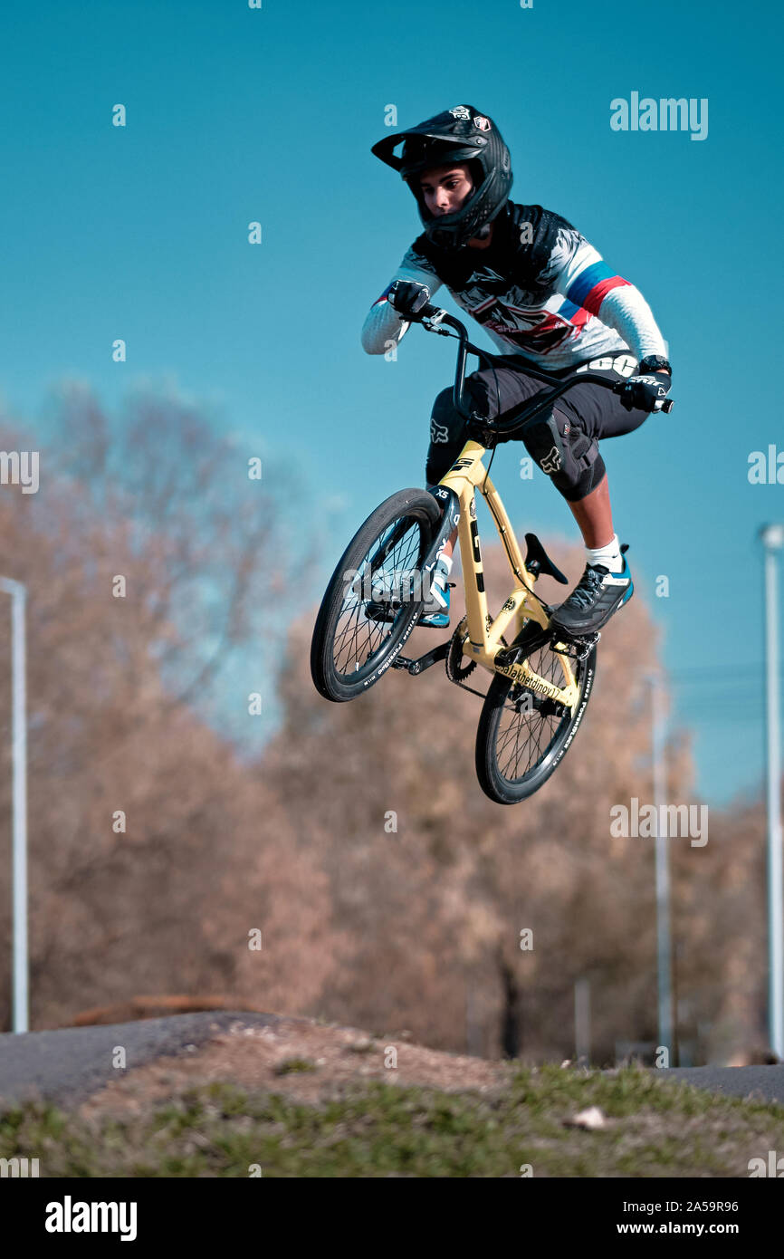 Moscow, Russia - Oct 18, 2019: Young boy jumping with his BMX Bike at pump  track. BMX race. Cyclist riding on pump track. Rider in action at bike spor  Stock Photo - Alamy
