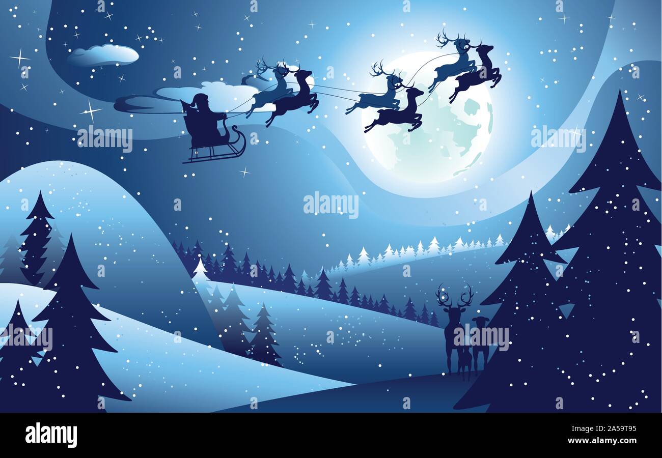 Peaceful Winter Forest At Night And Flying Santa Christmas Night Stock Vector Image Art Alamy