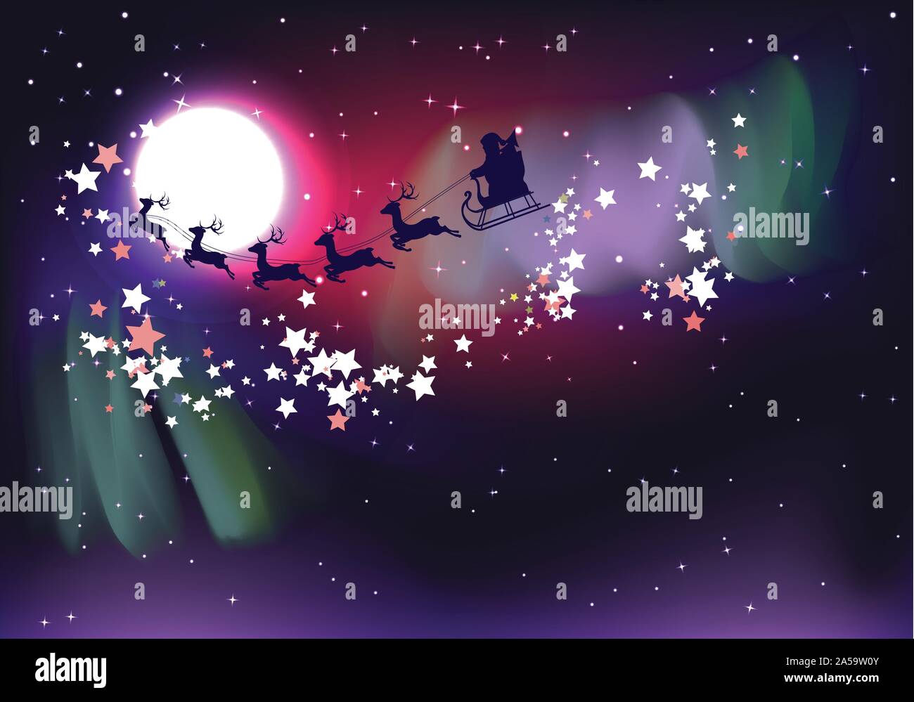 Silhouette of flying Santa Claus sleigh with deers over polar lights ...