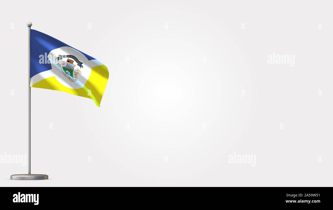 Winnipeg 3D waving flag illustration on Flagpole. Perfect for background with space on the right side. Stock Photo