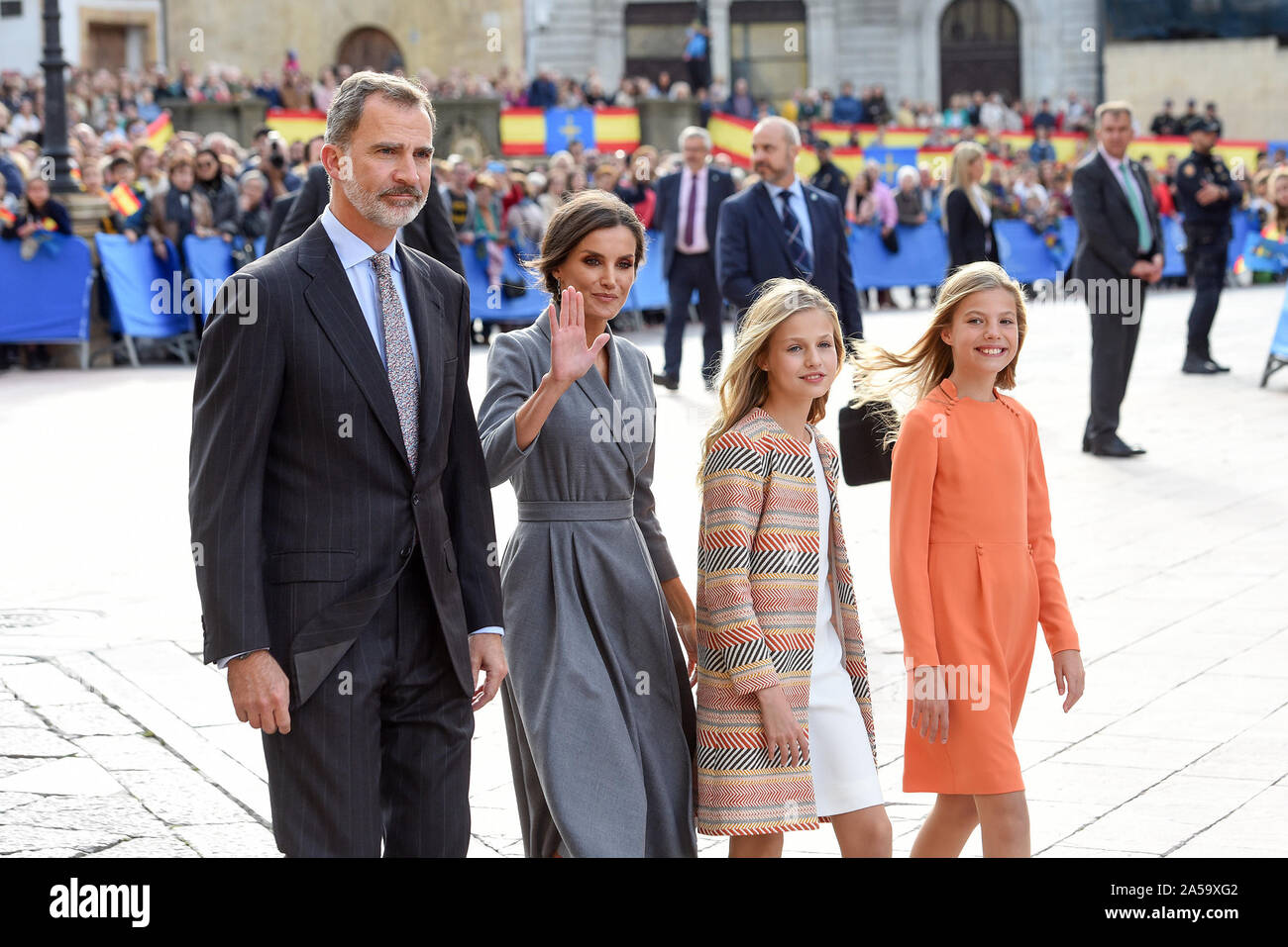 (191019) -- OVIEDO, Oct. 19, 2019 (Xinhua) -- Spain's Princess Leonor (3rd L) , her father, King Felipe VI (1st L), mother, Queen Letizia (2nd L), and sister, Princess Sofia attend the ceremony to present the Princess of Asturias Awards in Oviedo, Spain, Oct. 18, 2019. The annual ceremony to present the Princess of Asturias Awards was held Friday in the northern Spainish city of Oviedo, during which the 13-year-old Spanish princess delivered her debut speech.    'Today is a very important day in my life and one I have waited for with a lot of expectation,' said Spain's Princess Leonor at the c Stock Photo