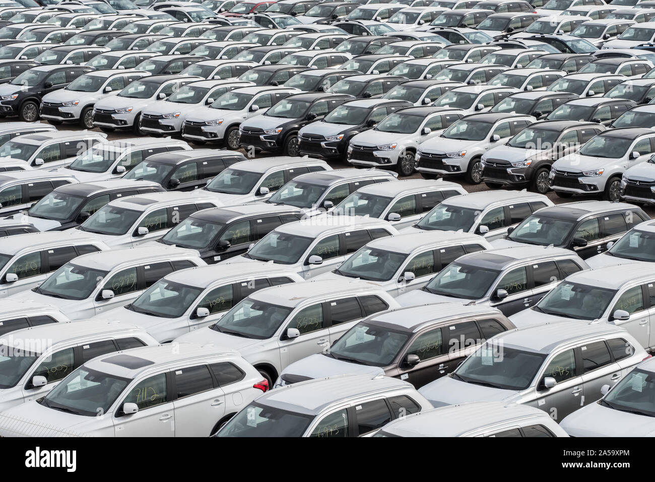 Row of new cars for sale in port Stock Photo